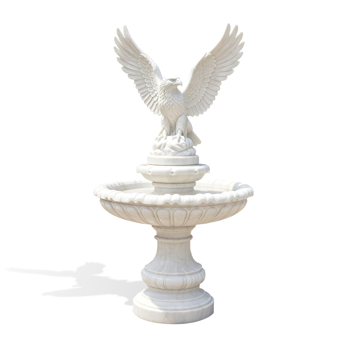 Front view of a white marble eagle fountain sculpture showcasing a majestic eagle with raised, widely spread wings, detailed feather textures, and sharp talons gripping a carved rock formation. The eagle stands above a decorative tiered fountain with a scalloped basin, floral relief carvings, and a classical pedestal, displayed against a clean white background.