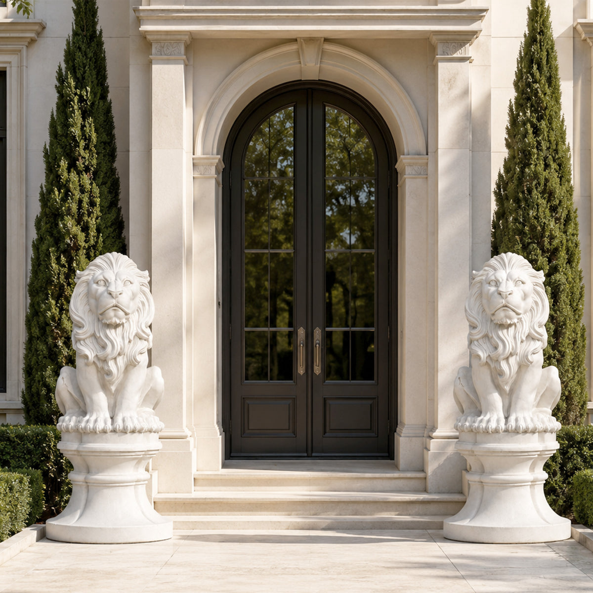 Matching white marble lion statues with flowing curled manes and decorative pedestals flanking a grand arched mansion entrance