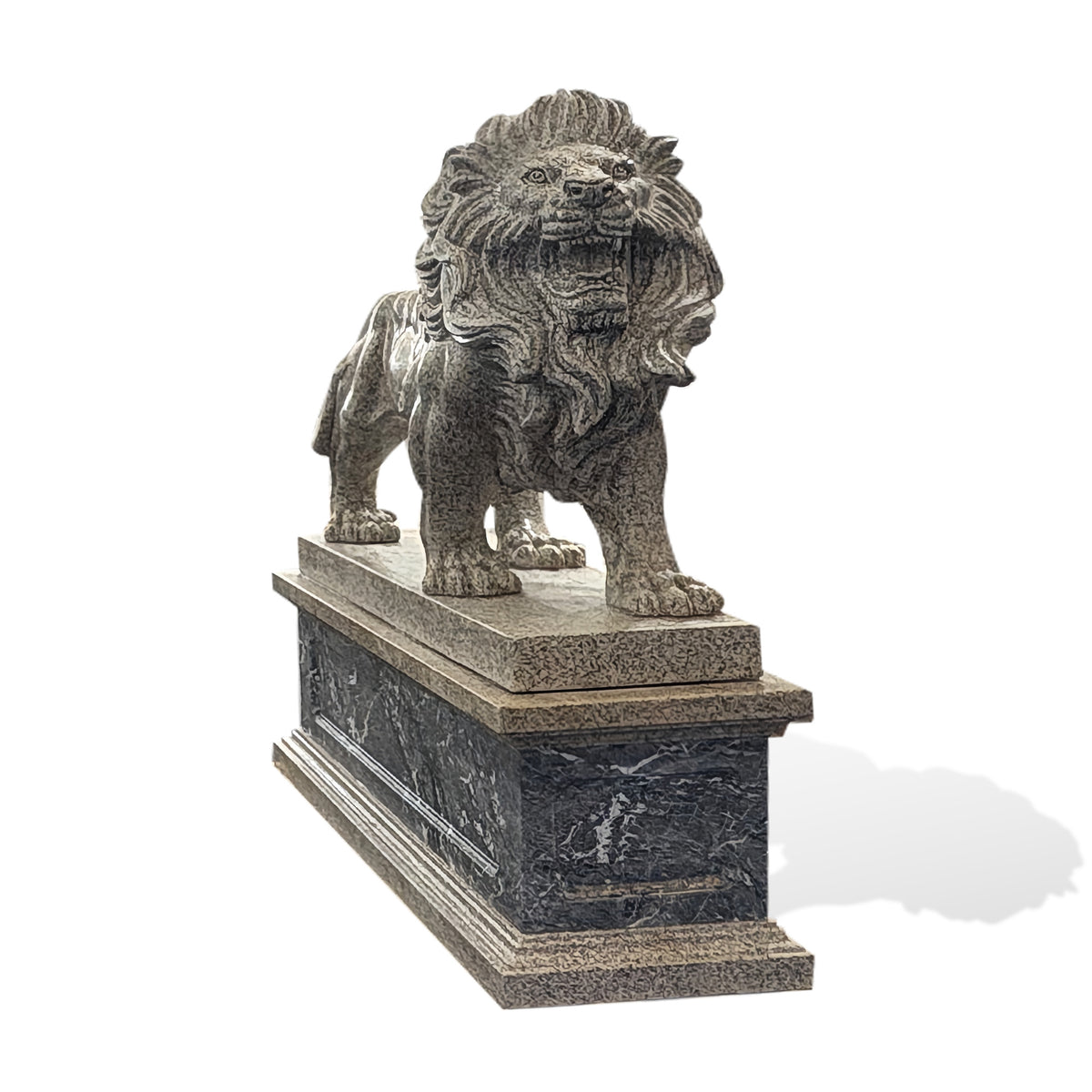 Three-quarter view of a roaring stone lion statue featuring a detailed flowing mane and a rectangular decorative stone pedestal.
