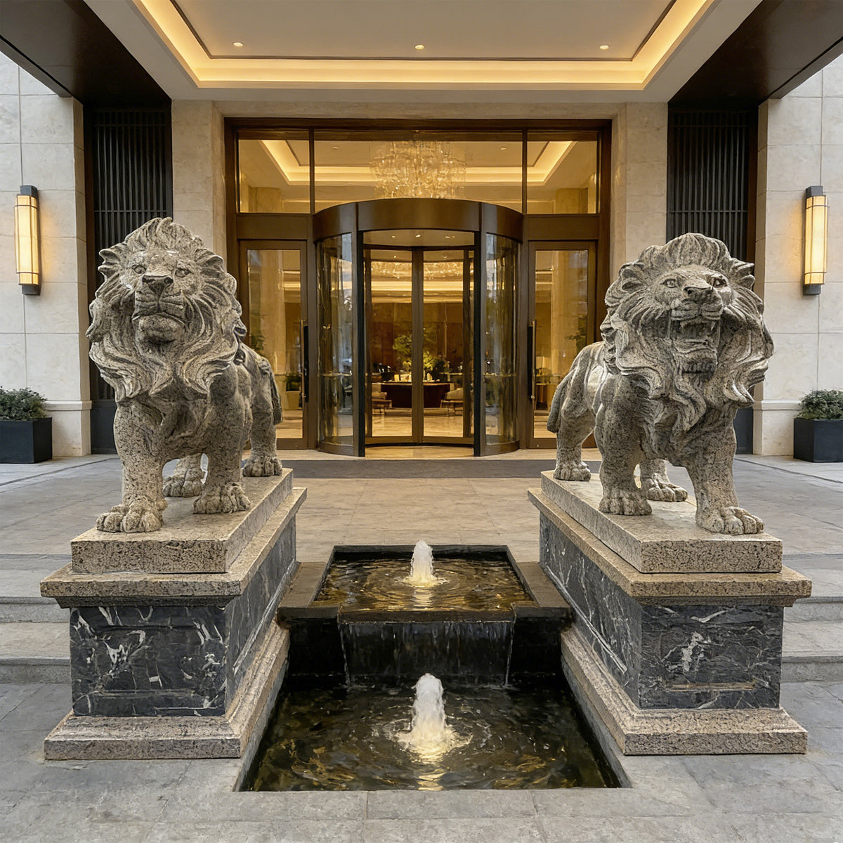 Pair of carved stone lion statues on decorative stone pedestals flanking a luxury hotel entrance with a central water fountain.