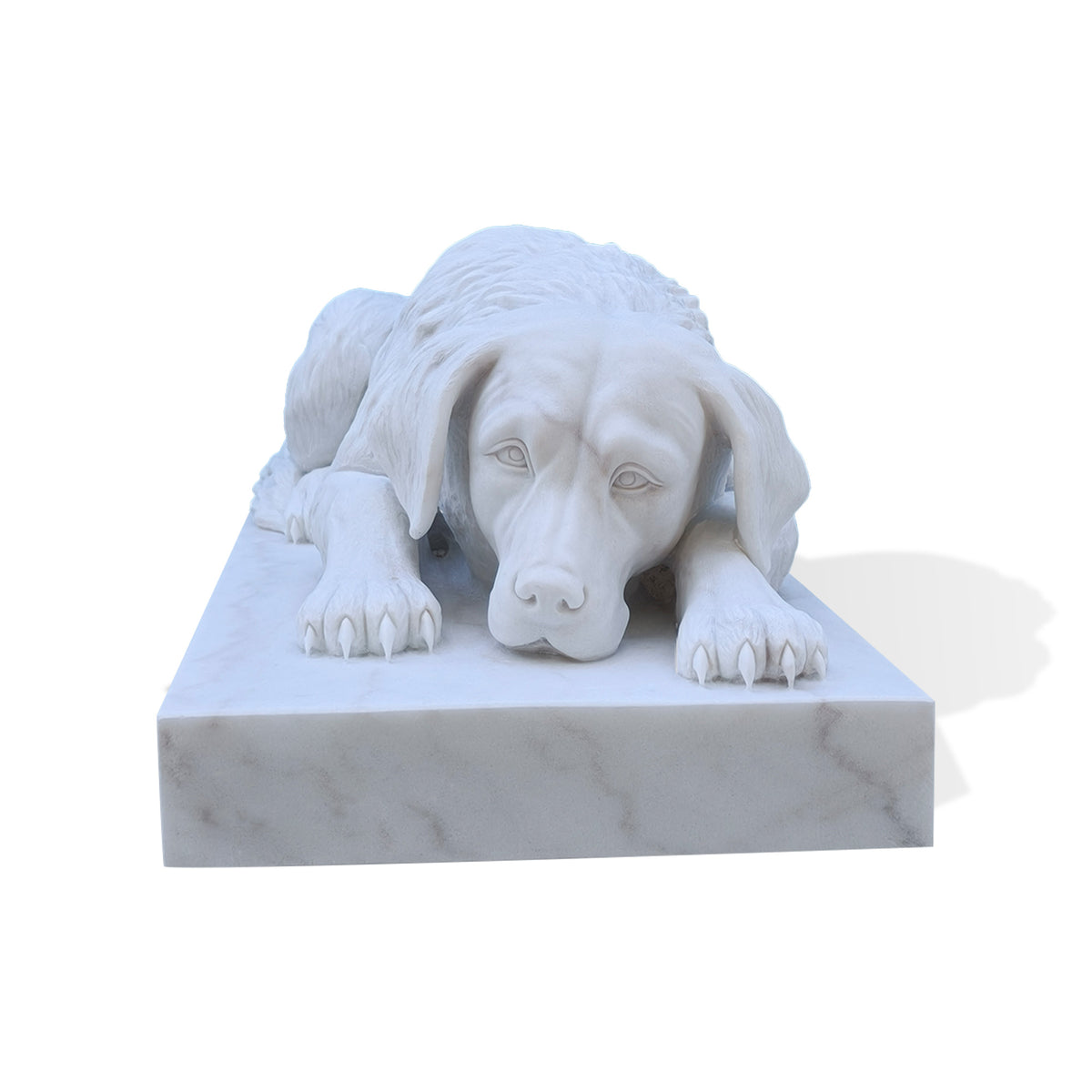 Front view of a resting white marble dog statue with open eyes, drooping ears and a broad muzzle lowered between its front paws. Individually carved toes and claws frame the face above a rectangular base with subtle gray veining.
