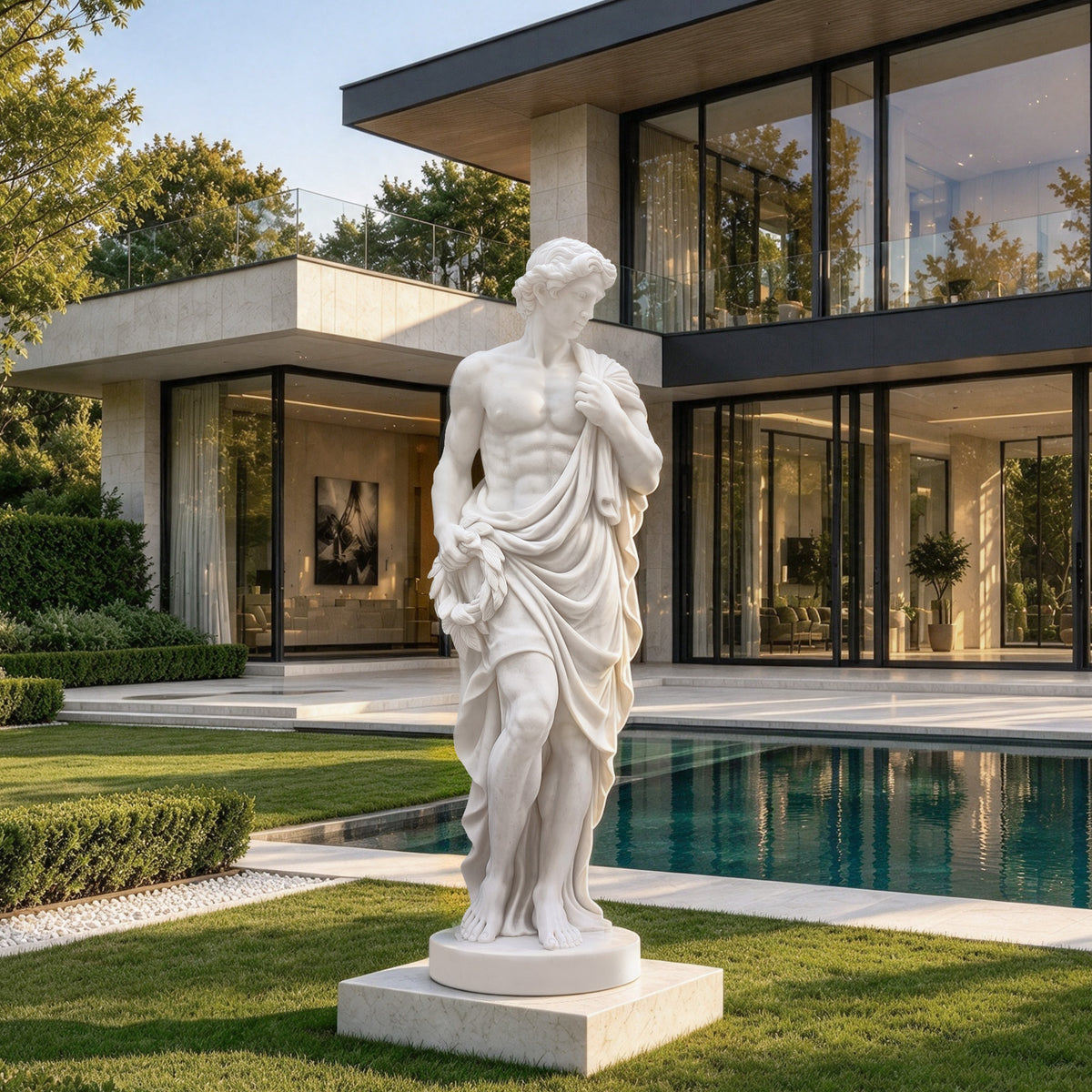 Classical white marble male statue holding a laurel wreath at his hip and gathering drapery at his shoulder, displayed on a round base and square plinth on a lawn beside a reflecting pool outside a modern glass-fronted villa.