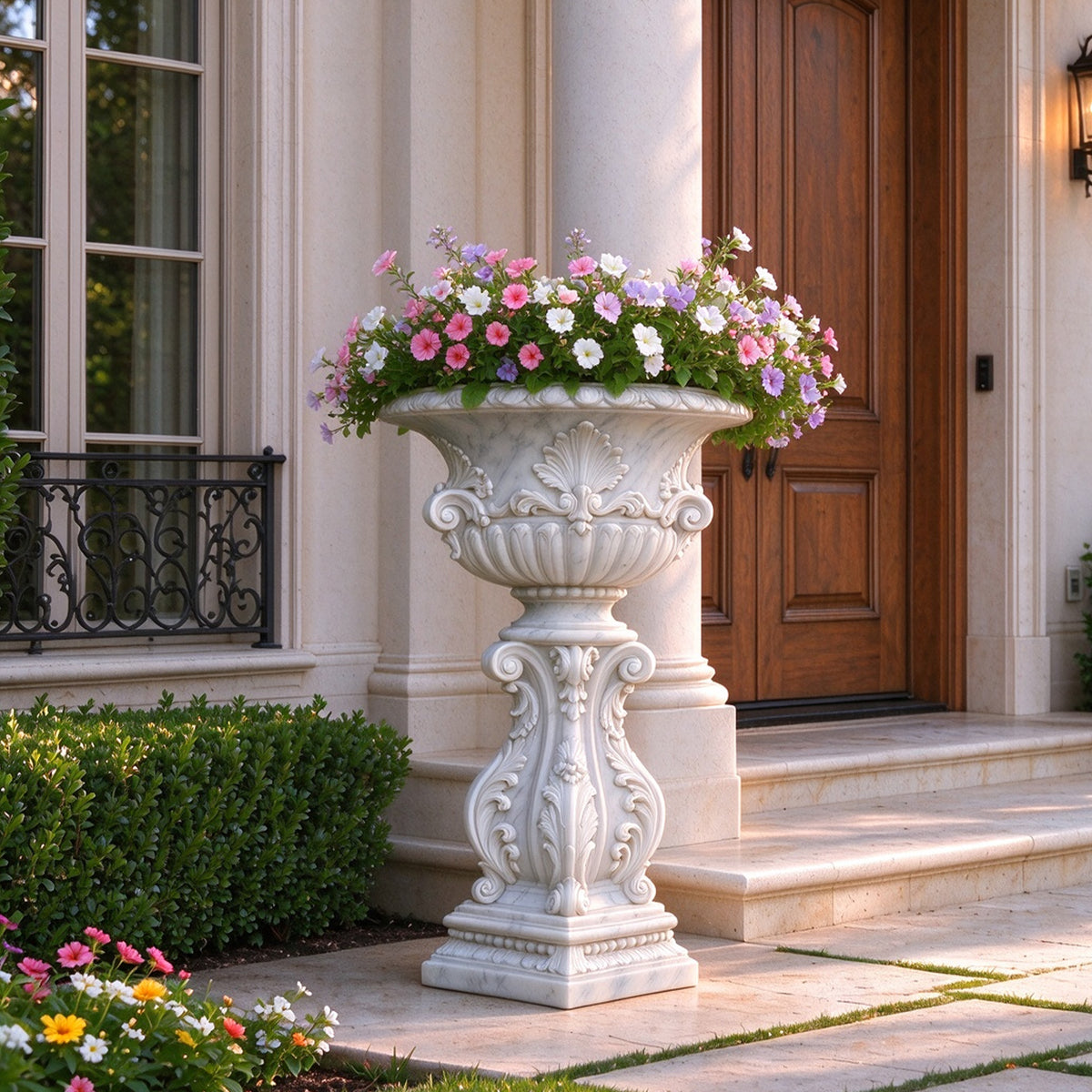 Ornate white marble urn planter filled with pink, purple and white flowers beside a columned entrance and wooden door. The flared bowl features shell reliefs, scrollwork and a fluted lower section above a tall carved pedestal with foliage motifs and a stepped square base.