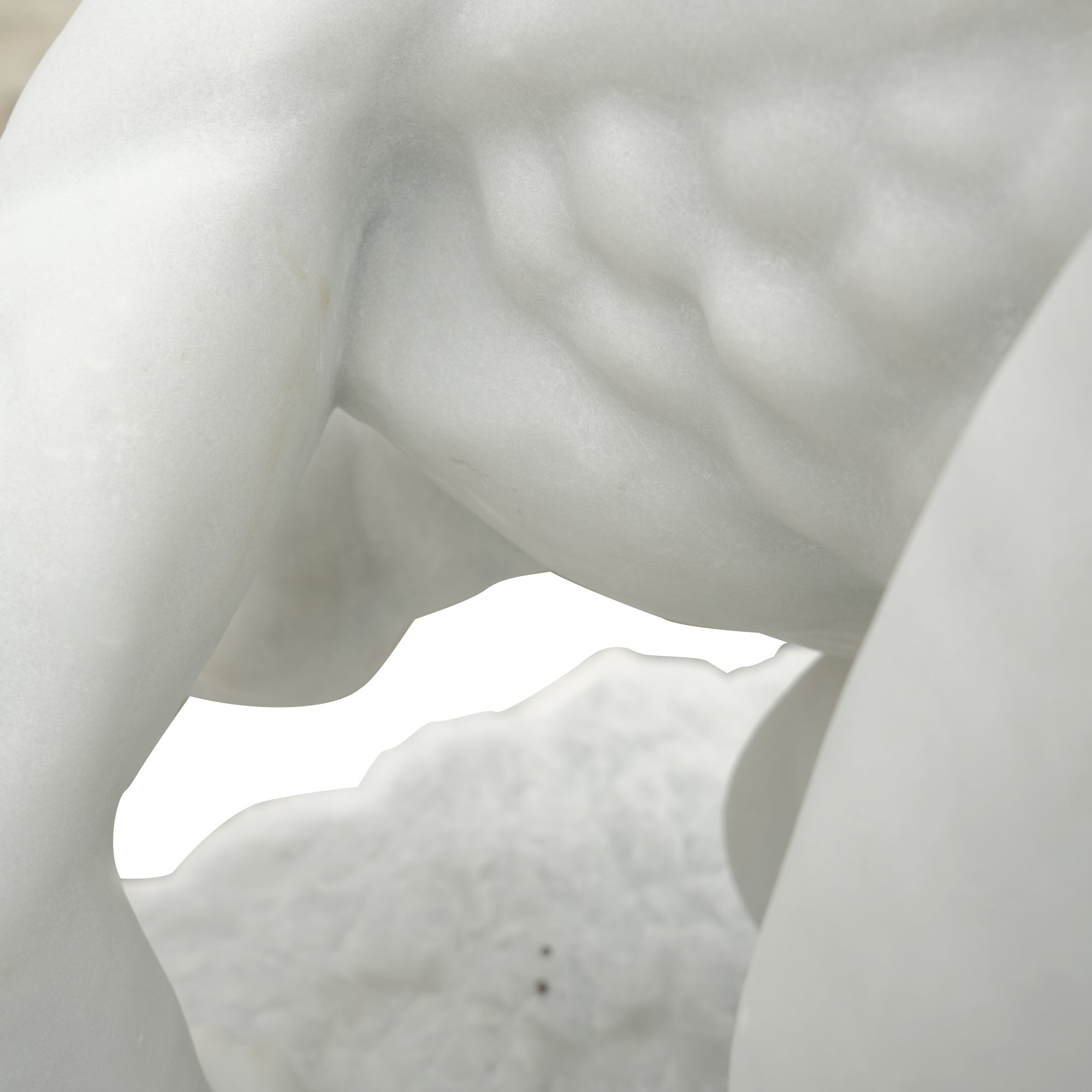 Close-up detail of The Wrestlers marble statue replica showing hand-carved abdominal muscles and stone texture