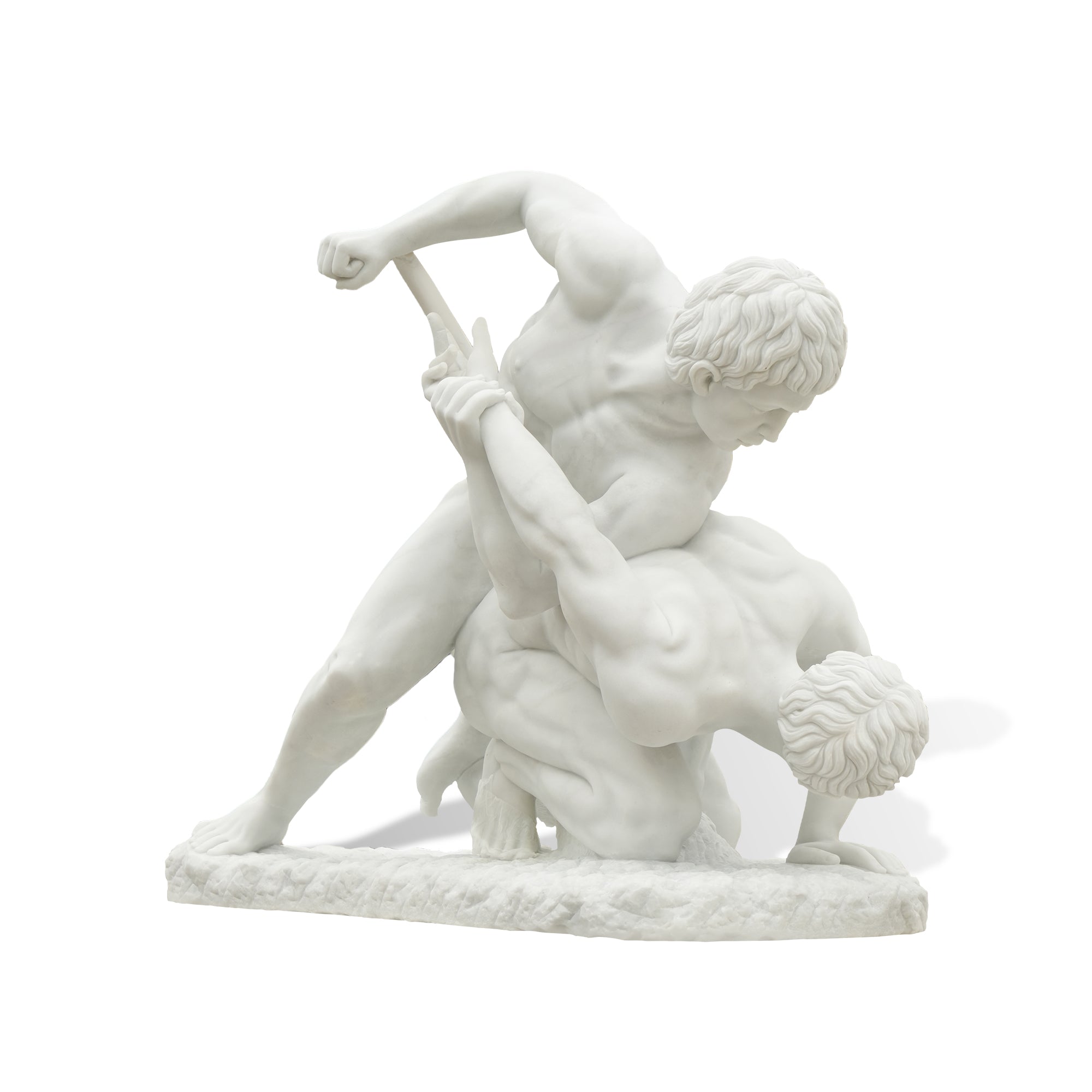 Oblique side view of The Wrestlers marble statue replica illustrating classical Greek athletic competition in stone