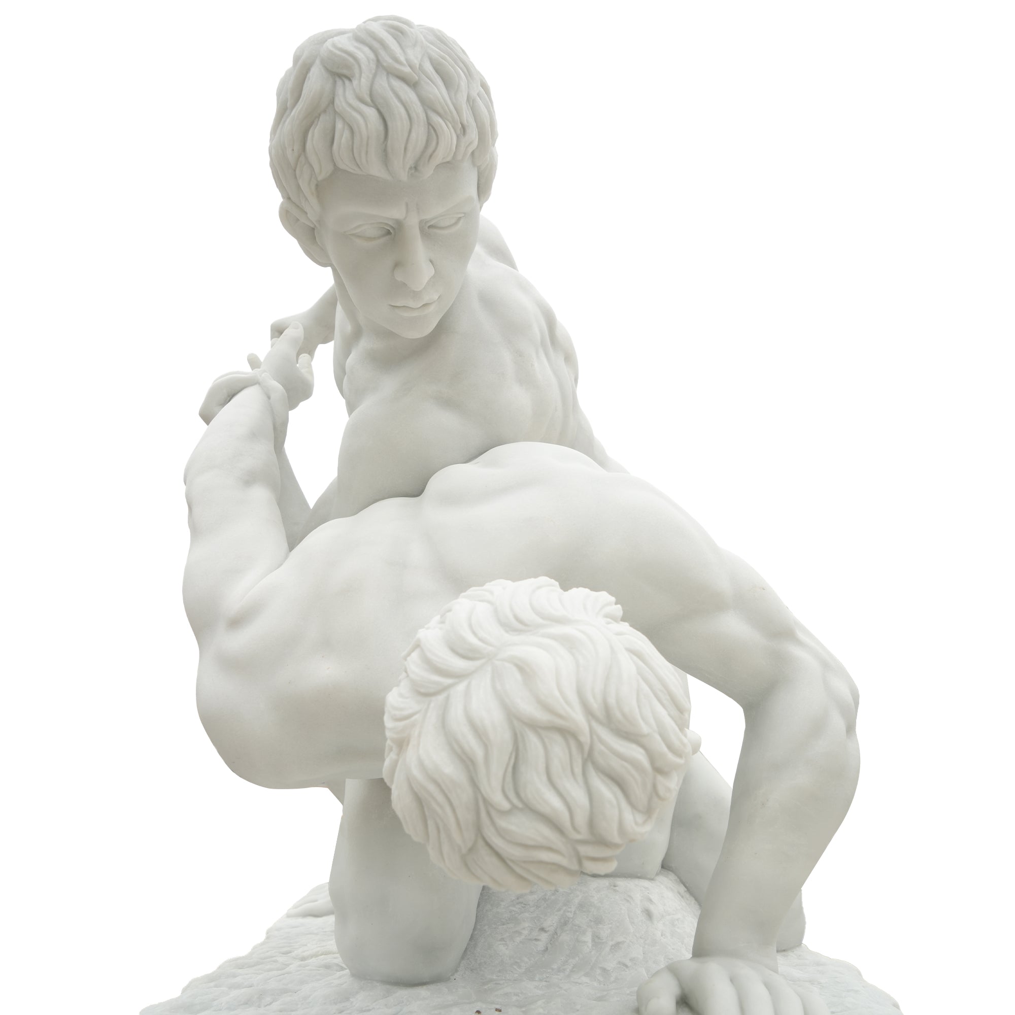 Top angle view of The Wrestlers marble sculpture replica emphasizing intense expressions and physical tension