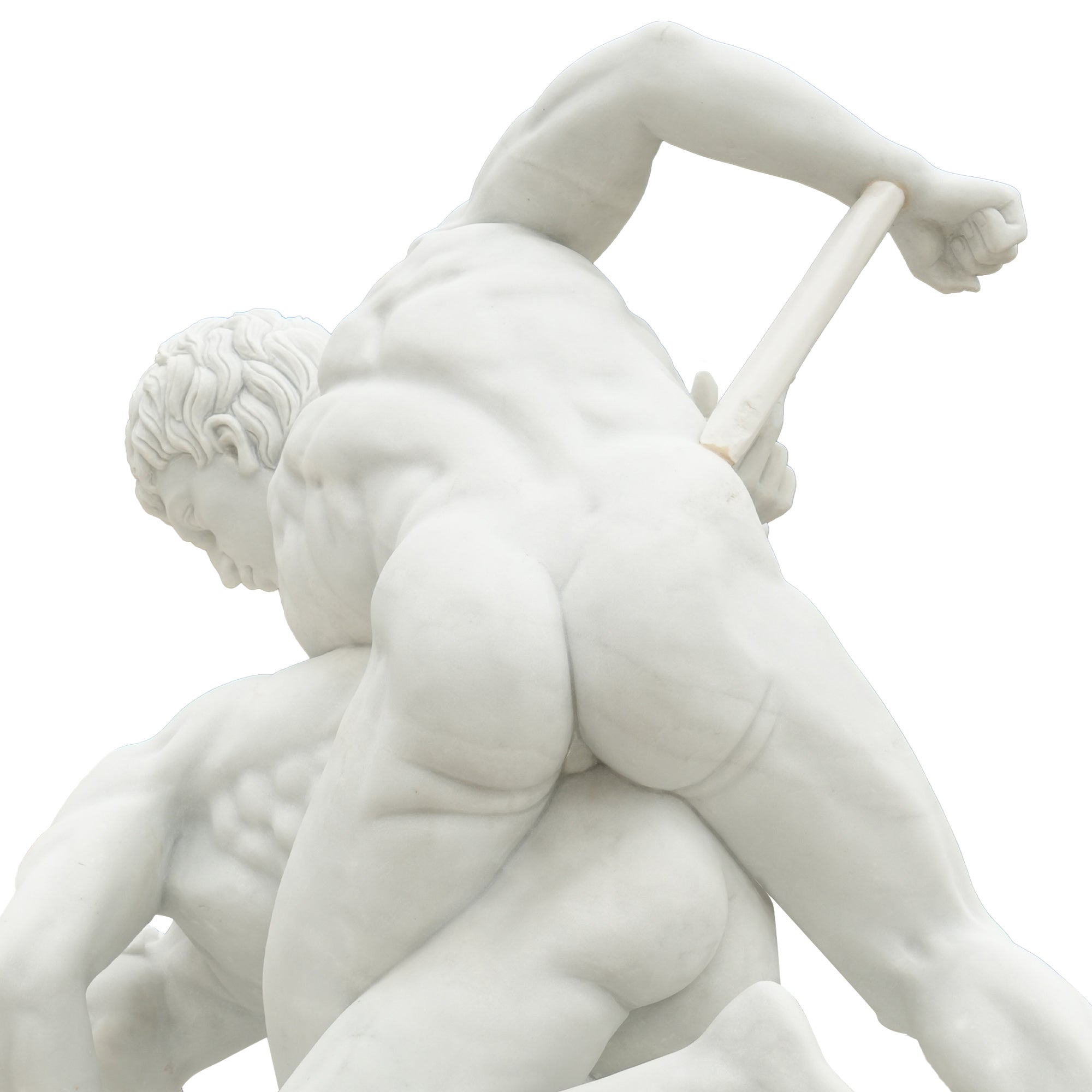 Detail view of The Wrestlers marble statue replica showing muscular back and dynamic pose of the upper figure in classical Greek wrestling composition.