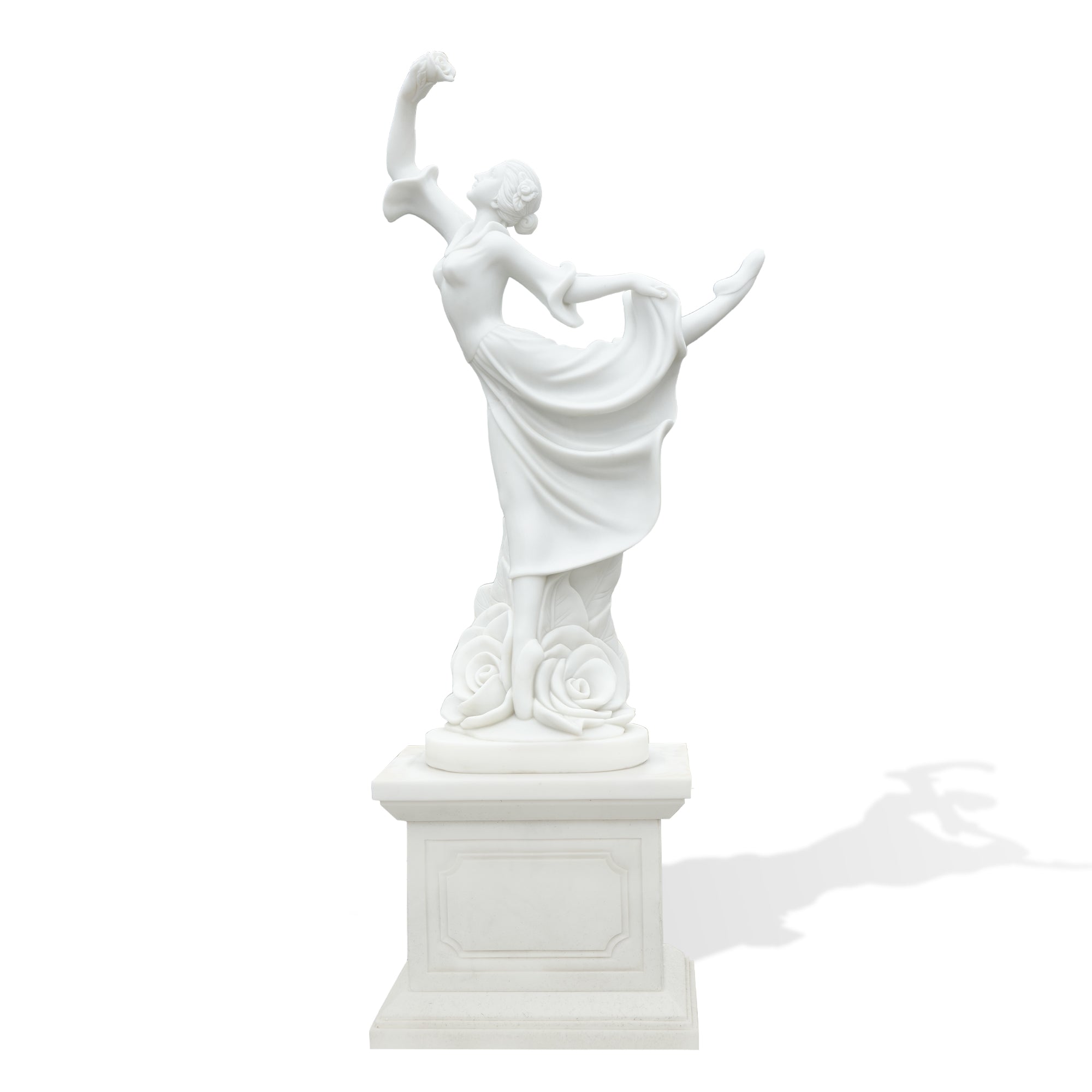 classical marble dancing lady statue front view with rose base, ideal for private villas, luxury gardens, and boutique hotels.