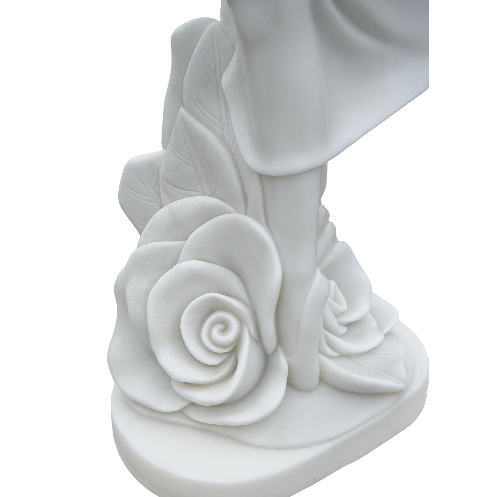 marble dancing lady statue base detail with hand-carved roses, symbolizing elegance and natural beauty for gardens.