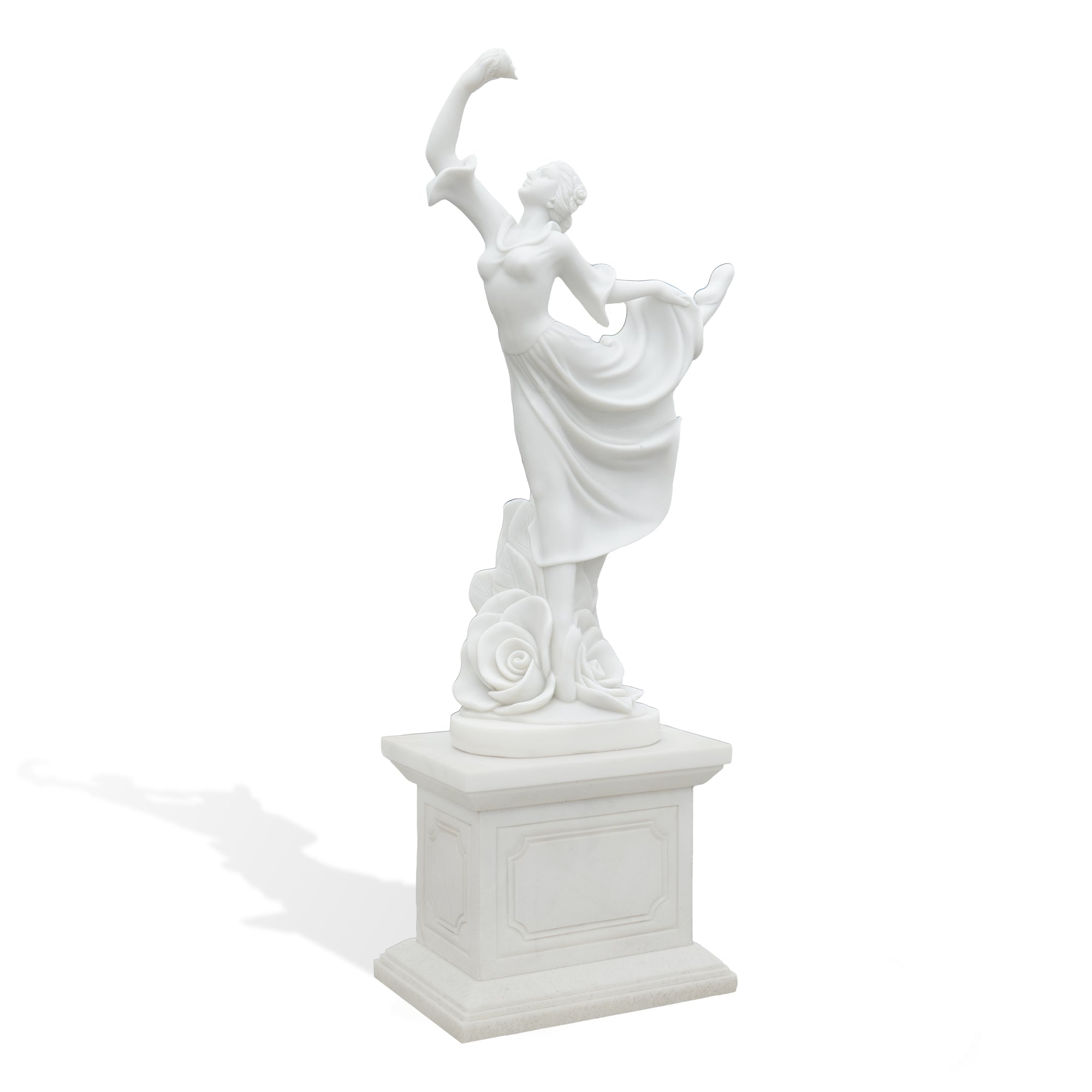 classical marble dancing lady statue front view with rose base, ideal for private villas, luxury gardens, and boutique hotels.
