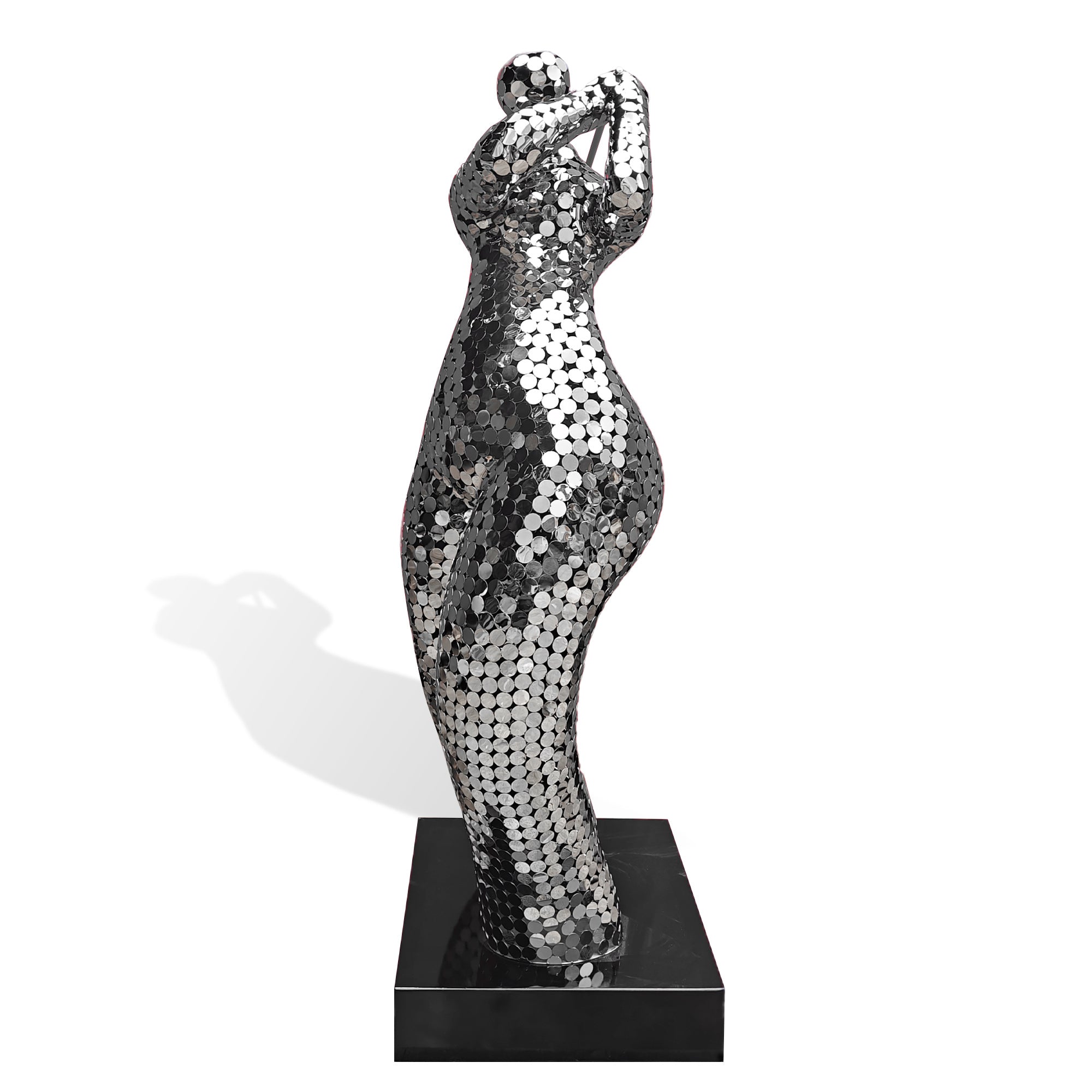Modern abstract stainless steel figure with flowing curved form, stylish sculpture for luxury interiors.