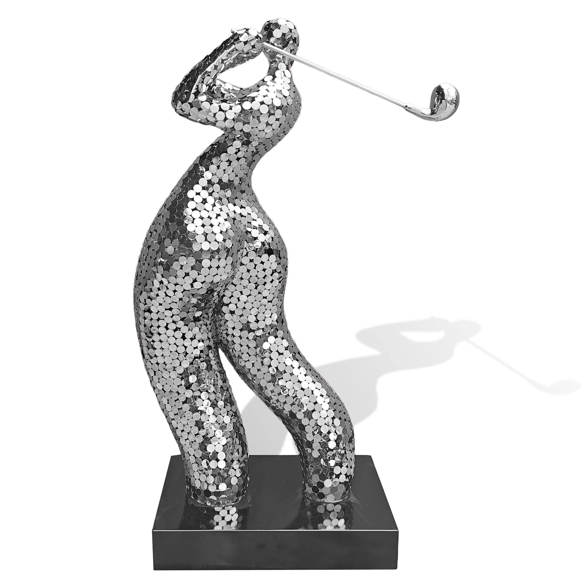 Contemporary stainless steel golf swing sculpture showing dynamic motion, perfect for indoor or outdoor art display.
