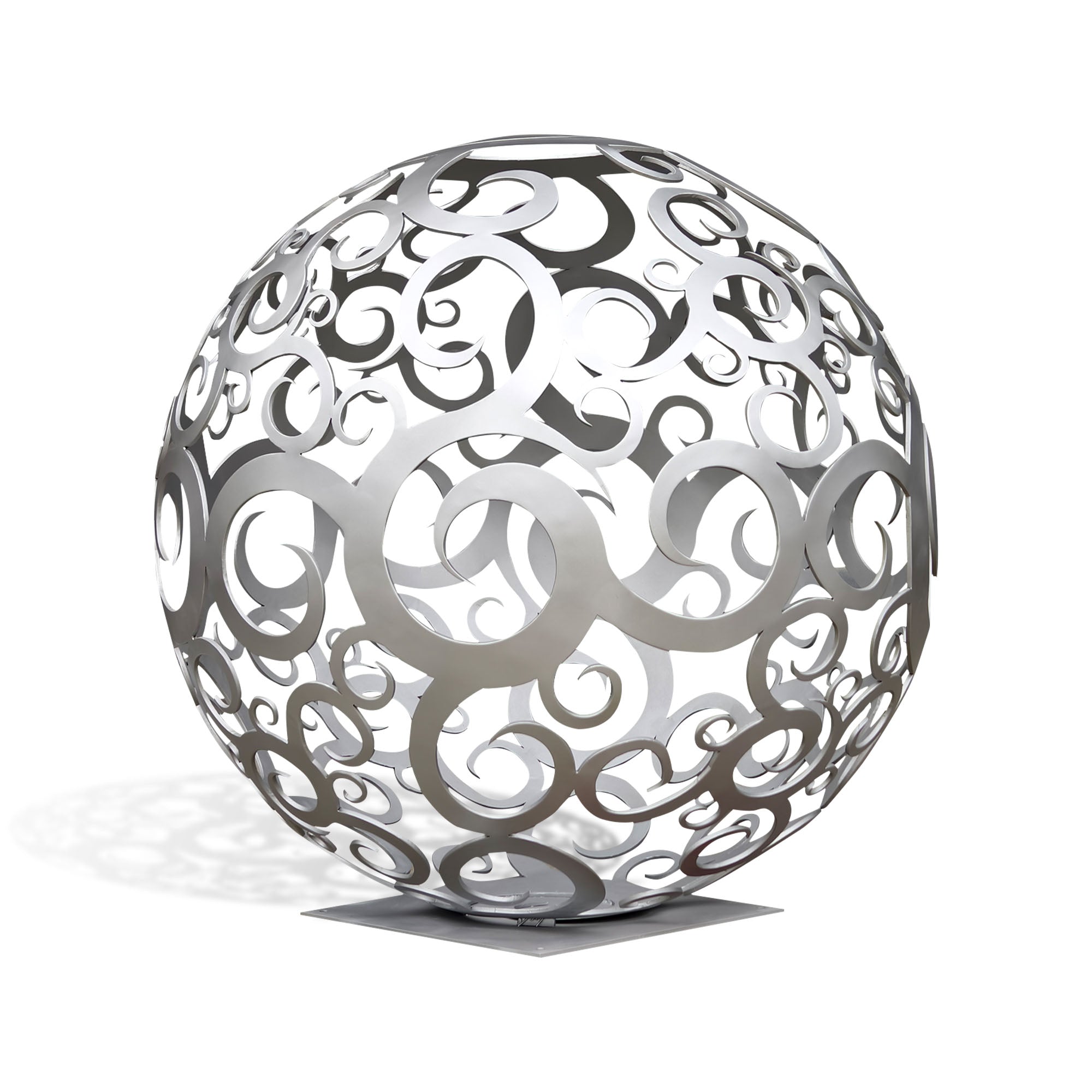Decorative stainless steel sphere sculpture with openwork scroll pattern, polished silver metal finish, and geometric cutout design on white background