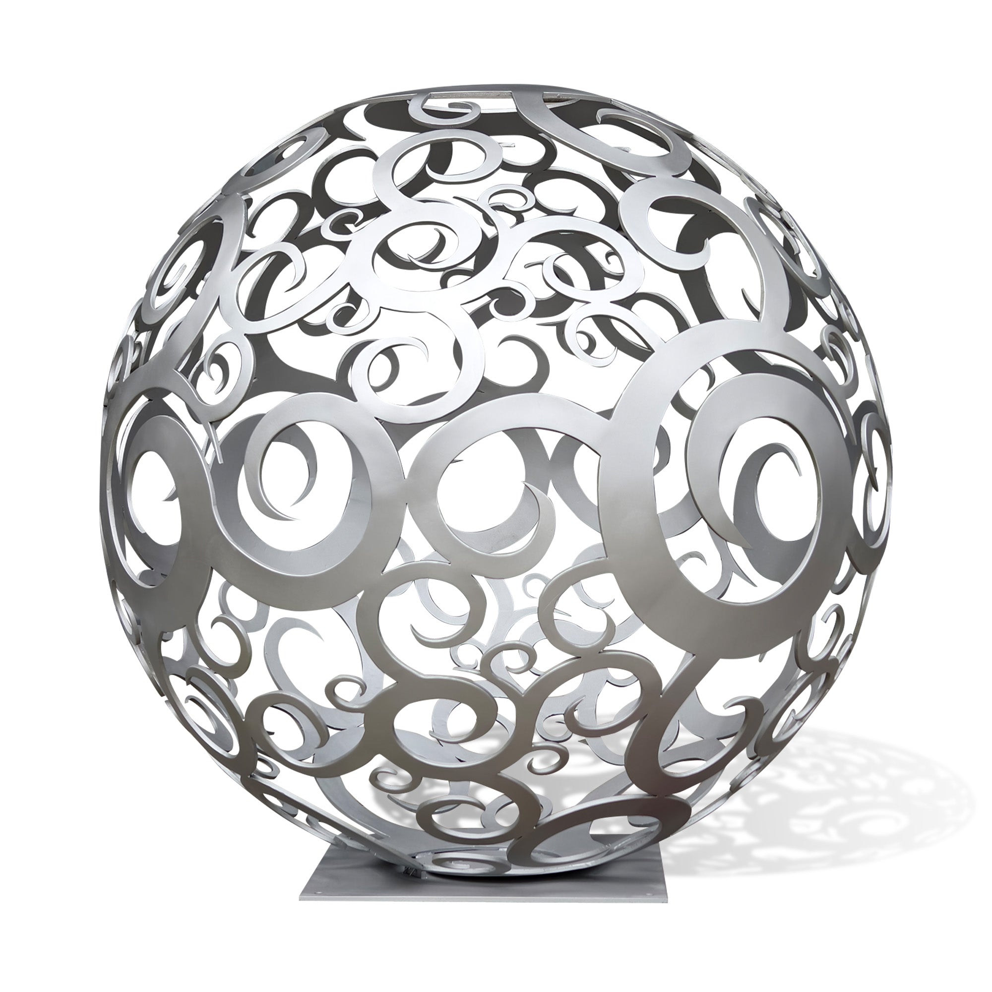 Stainless steel hollow sphere sculpture with decorative openwork scroll patterns, polished silver finish, round metal ball form, square base, and modern abstract design on white background