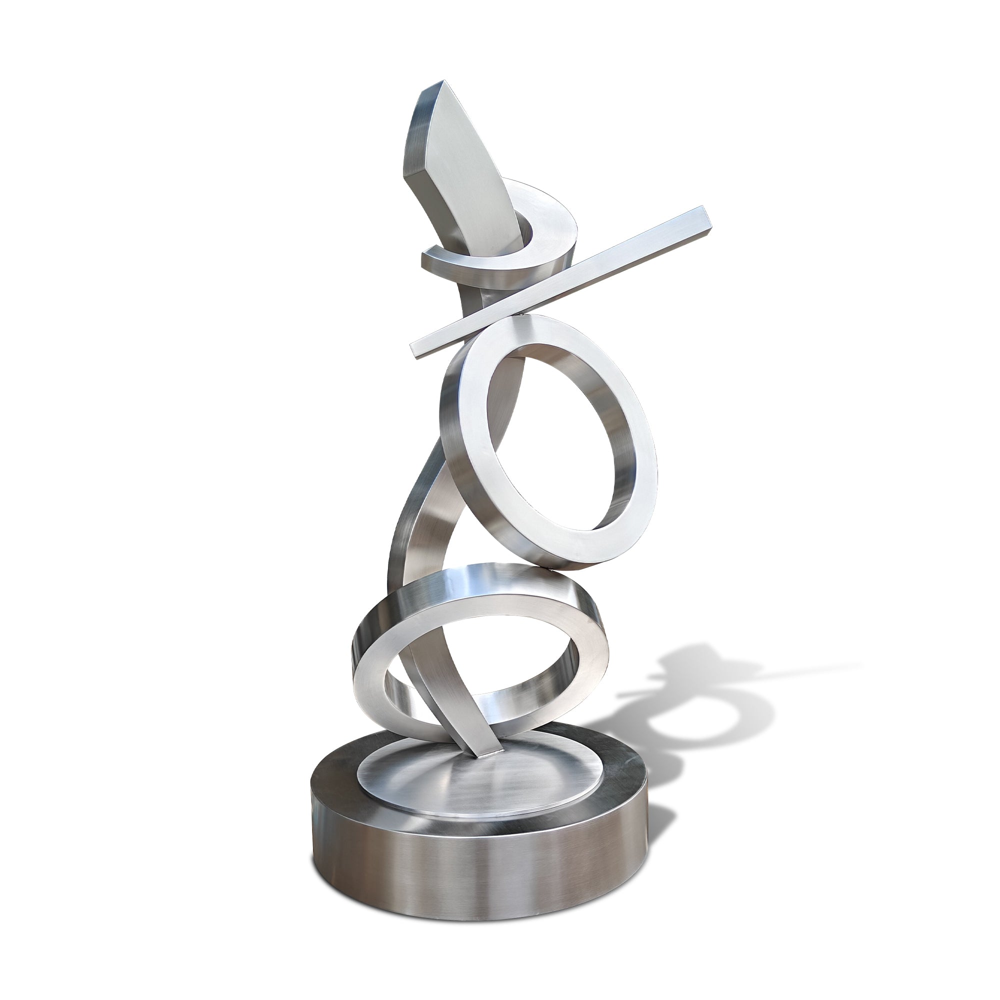 stainless steel sculpture with interlocking rings on a white background