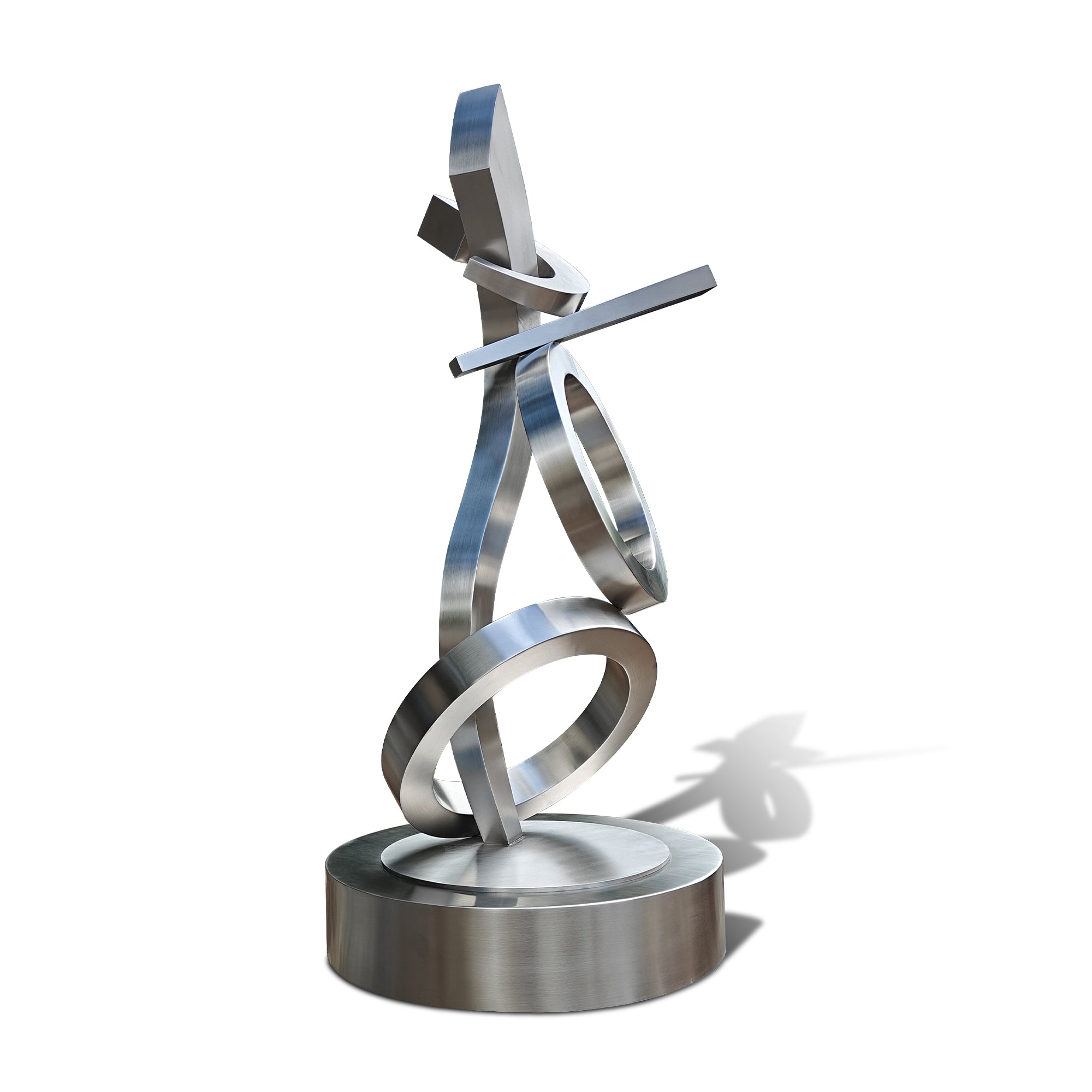 stainless steel sculpture with interlocking rings on a white