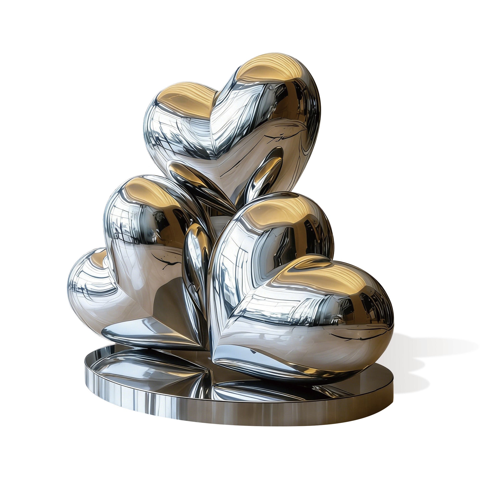 Metallic heart-shaped sculpture on a white background