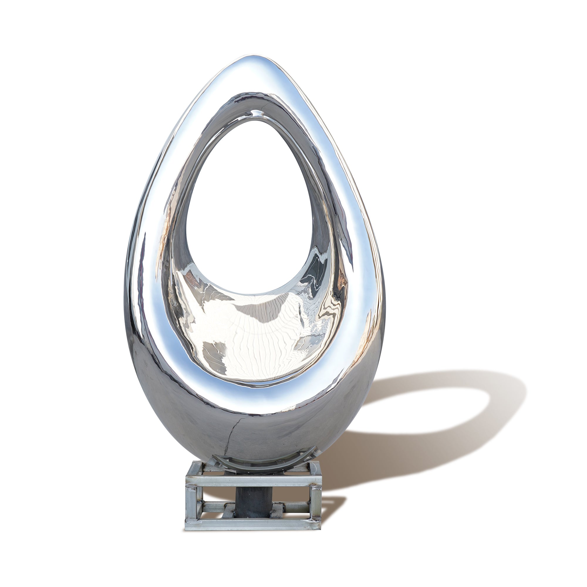 stainless steel teardrop-shaped sculpture light fixture on a white background