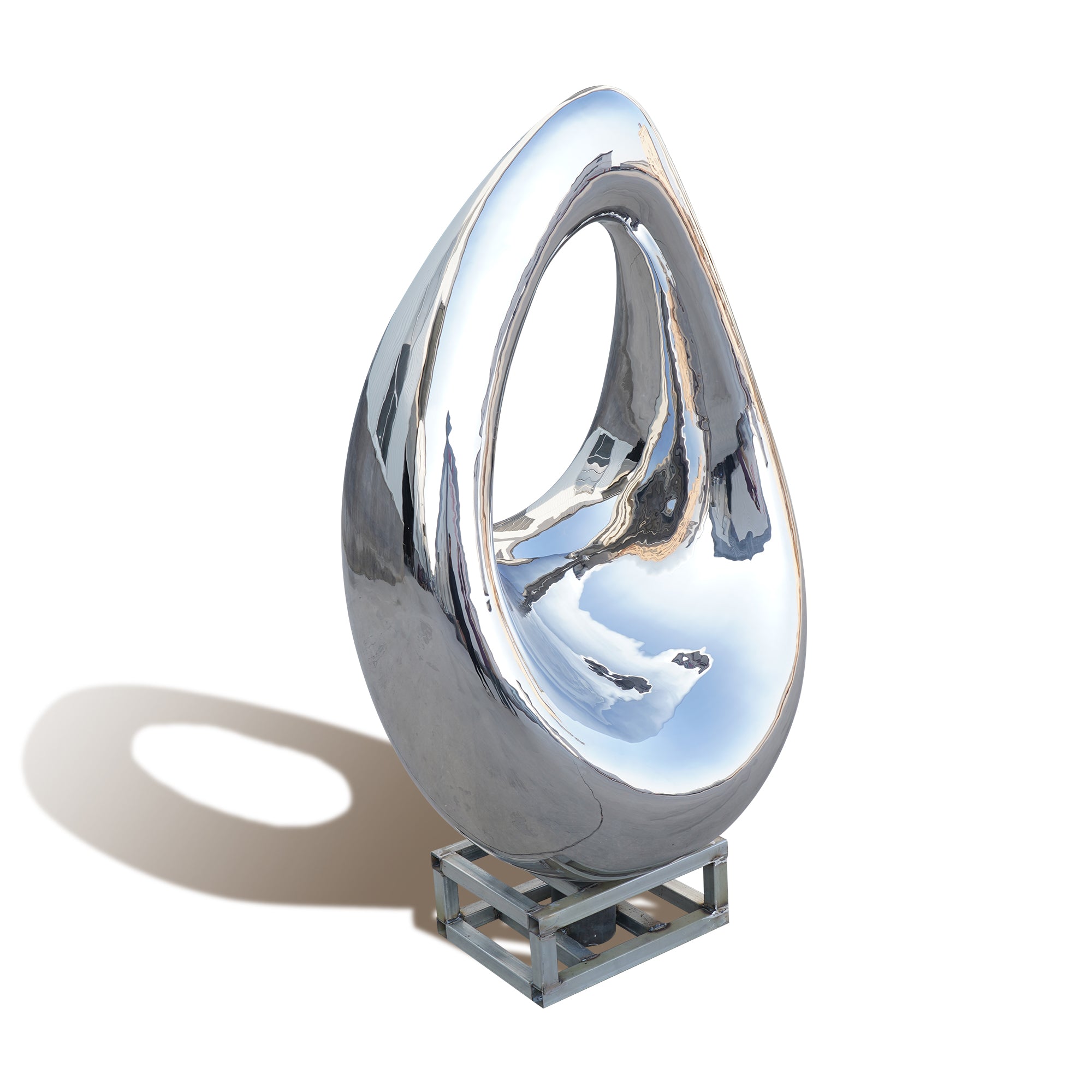 stainless steel teardrop-shaped sculpture on a stand with a white background