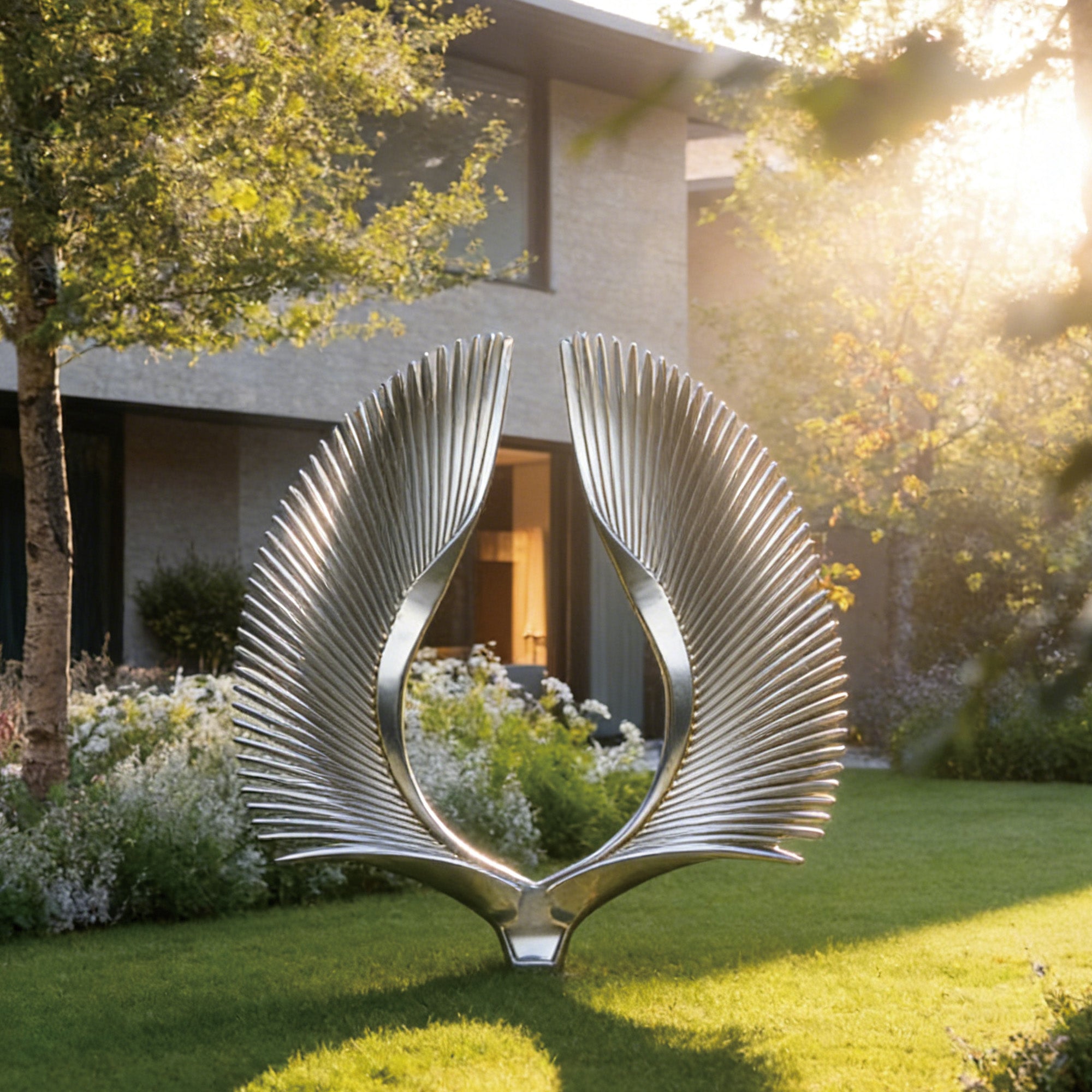 Decorative metal sculpture in a garden setting with a modern building in the background