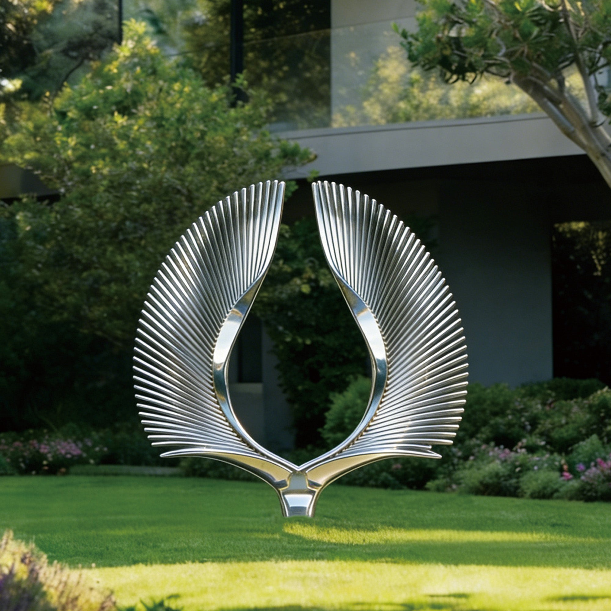 Decorative metal wing sculpture in a garden setting