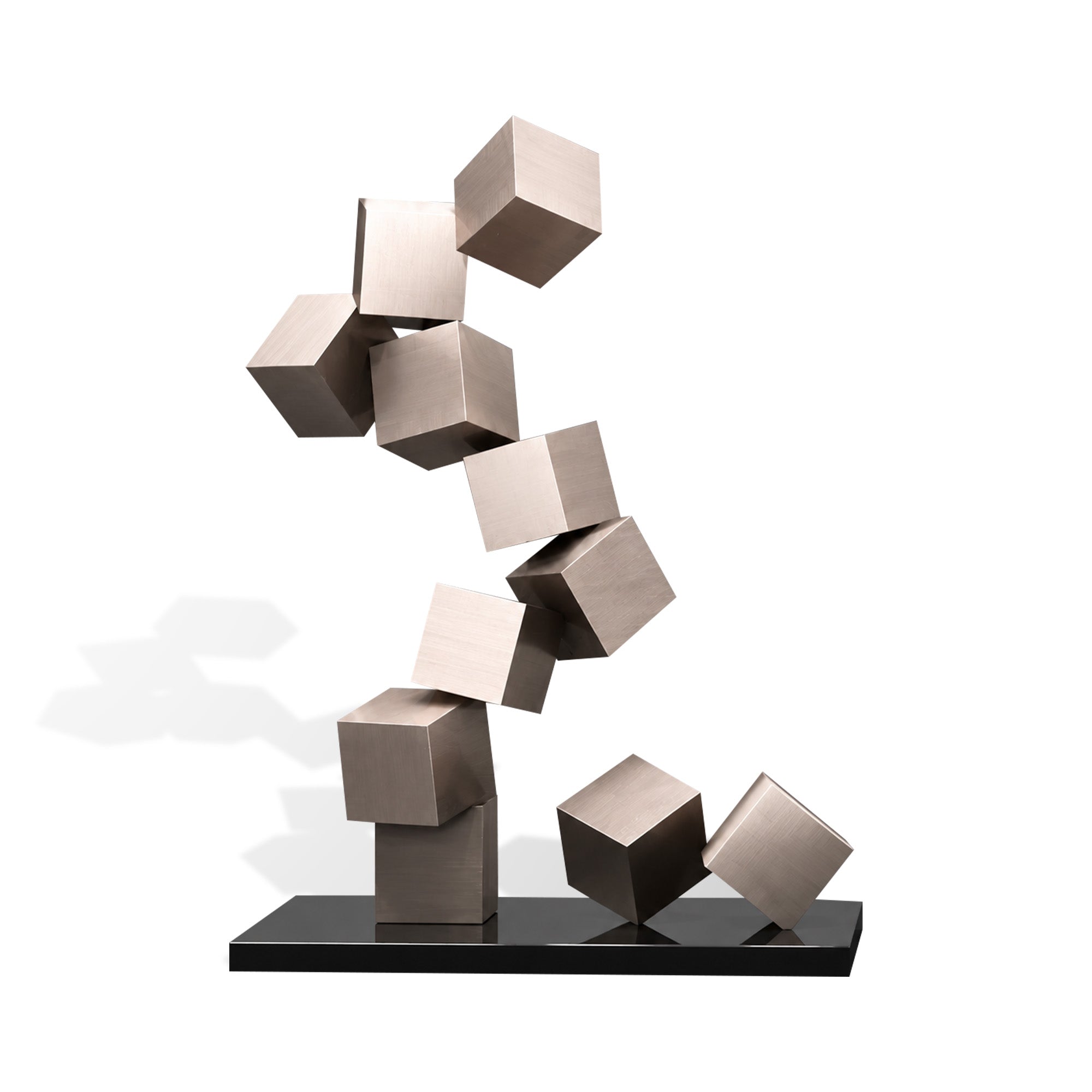 Abstract sculpture featuring stacked gold cubes