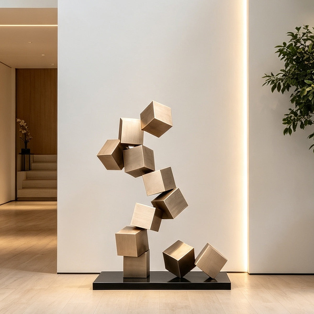Abstract sculpture featuring stacked gold cubes, displayed in a modern interior setting.