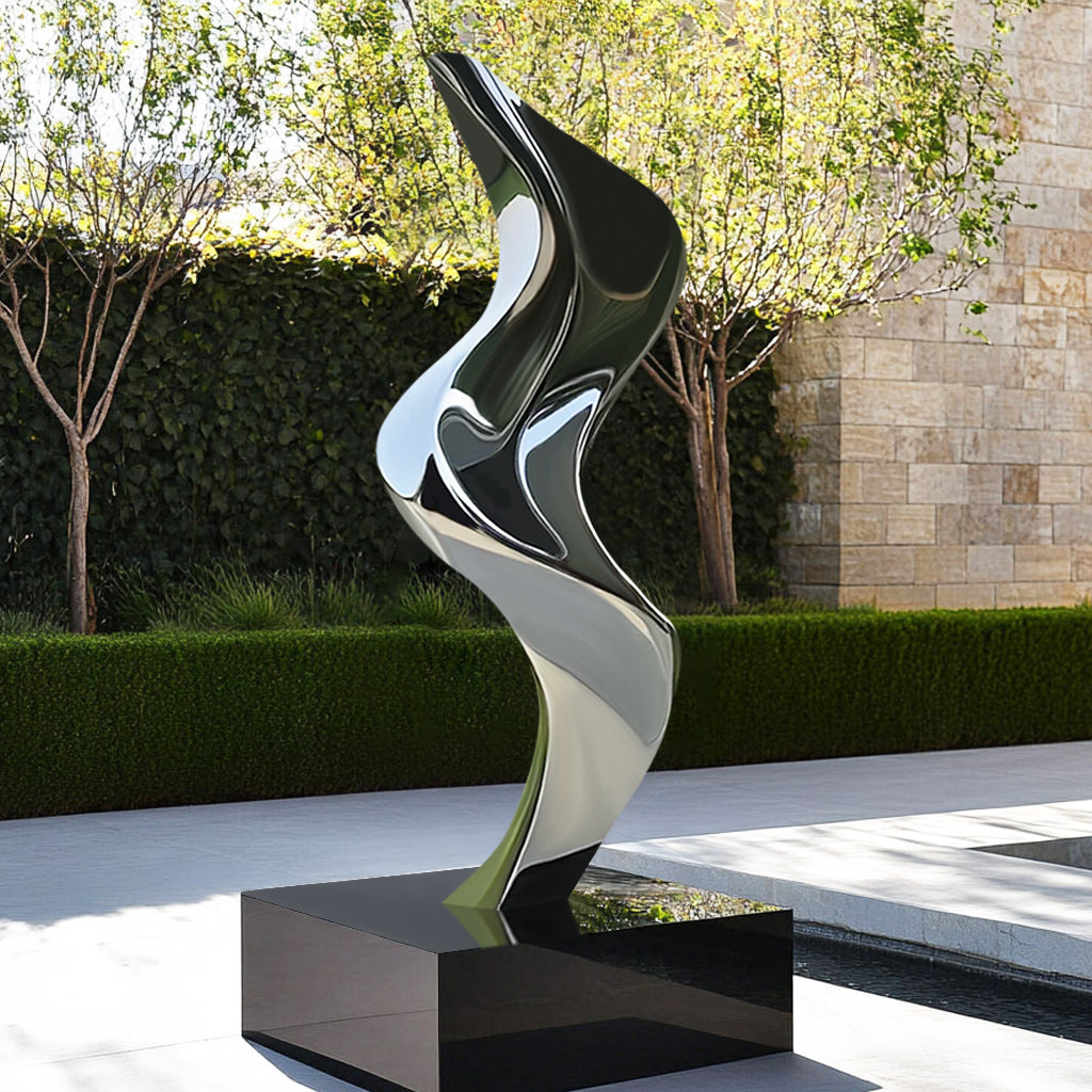 Elegant abstract stainless steel sculpture with a fluid, mirror-polished form, display outdoor garden