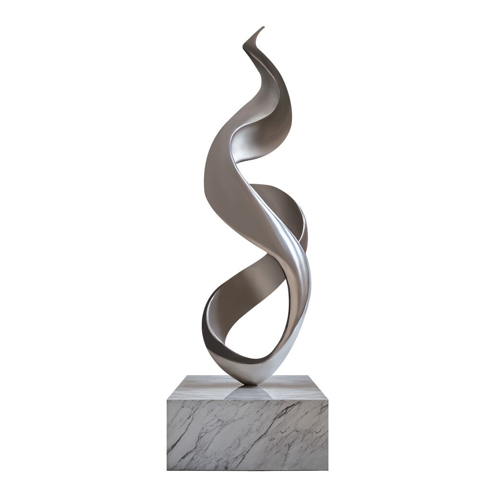large abstract stainless steel sculpture with brushed finish and marble base