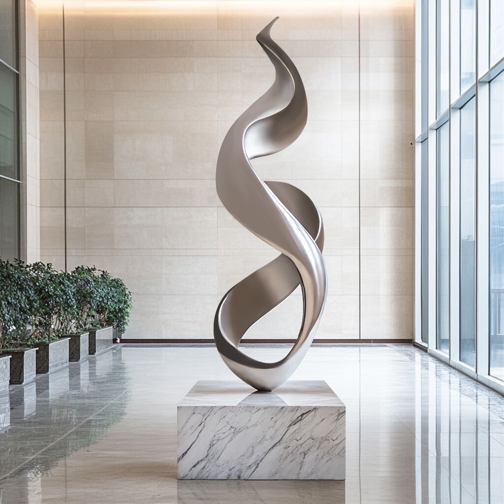 large abstract stainless steel sculpture with brushed finish and marble base,display luxury hotels lobby.