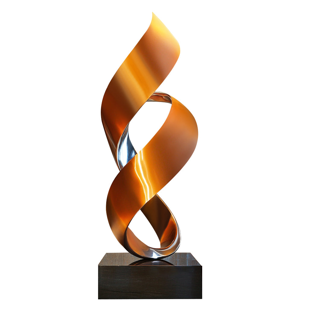 Contemporary indoor gold and silver stainless steel sculpture with a polished dual-tone finish and flowing infinity-inspired design