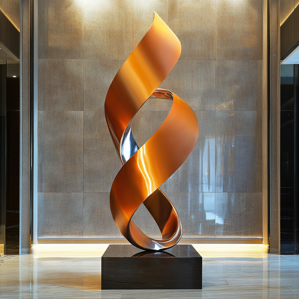 Contemporary indoor gold and silver stainless steel sculpture with a polished dual-tone finish and flowing infinity-inspired design, ideal for luxury interiors.