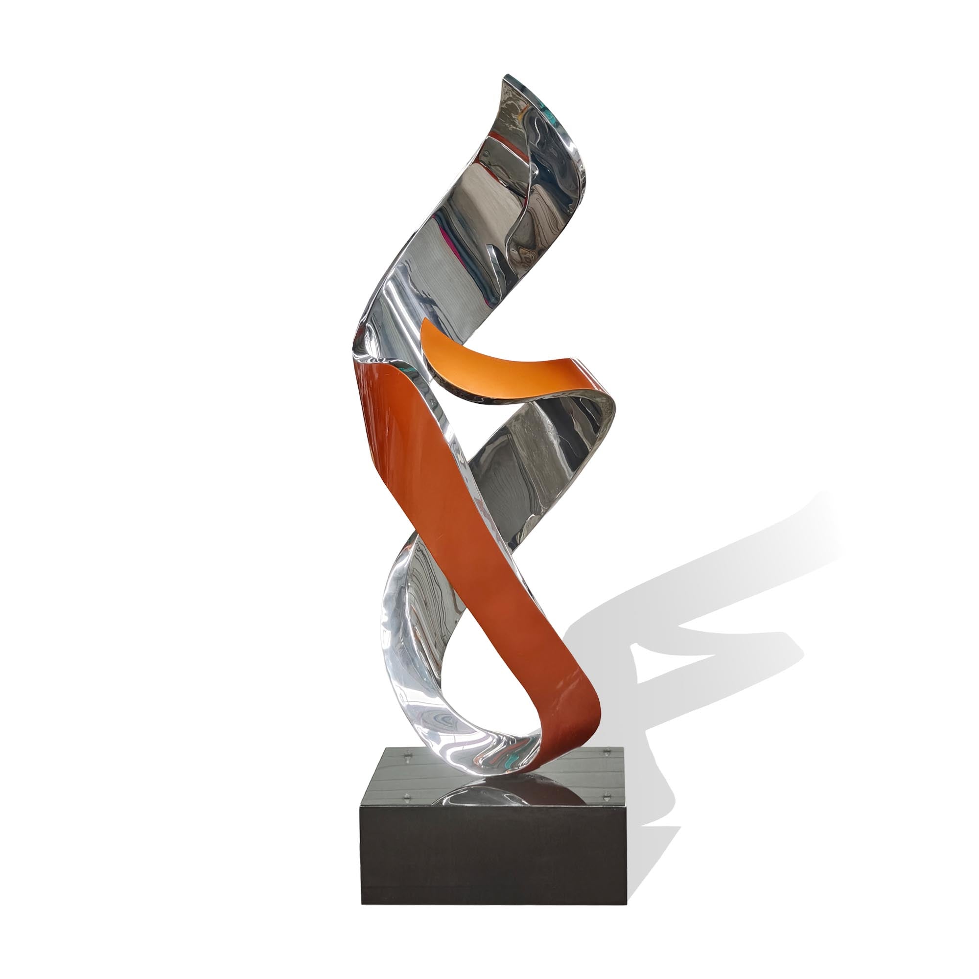 back view of gold stainless steel ribbon sculpture abstract modern artwork suitable for courtyard garden or commercial lobby