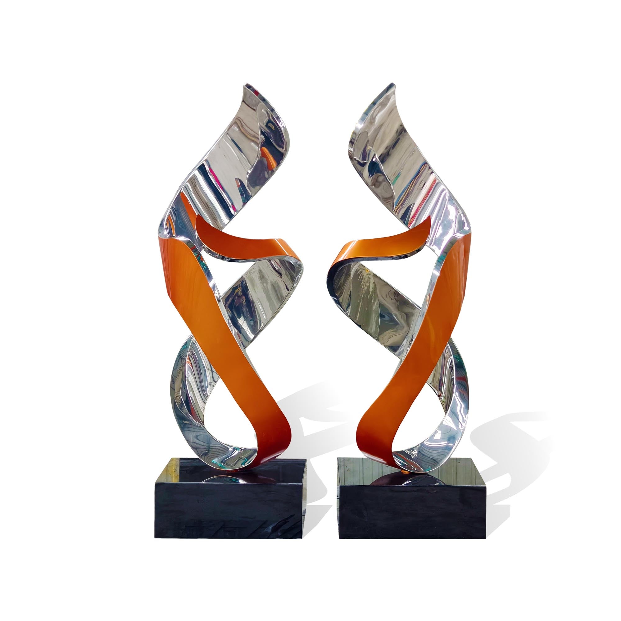 back view of gold abstract sculpture polished stainless steel with twisting ribbon shape for modern landscape decoration