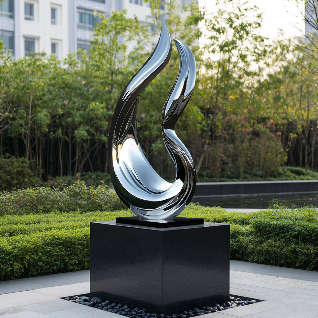 Custom Contemporary Flowing Abstract Stainless Steel Sculpture with a polished mirror finish, display outdoor garden