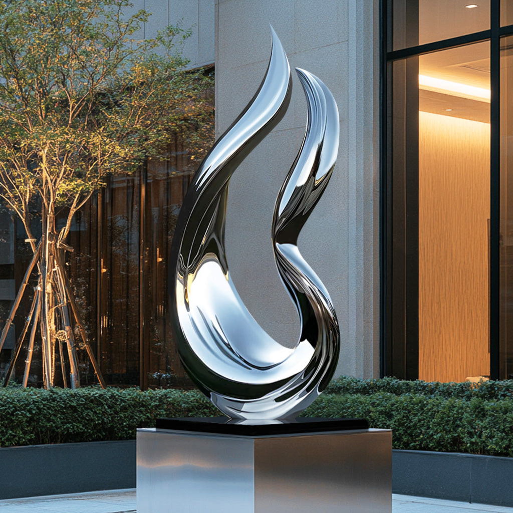 Custom Contemporary Flowing Abstract Stainless Steel Sculpture with a polished mirror finish, display outdoor garden