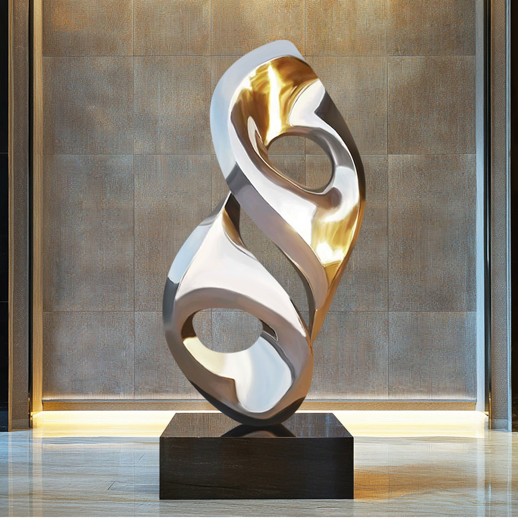 Custom Modern Abstract Polished Mirror Finish Stainless Steel Sculpture, display indoor lobby
