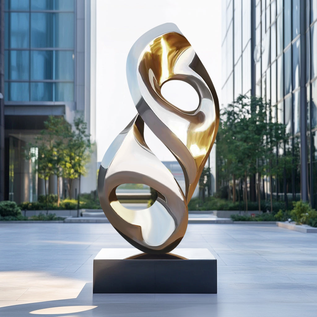 Custom Modern Abstract Polished Mirror Finish Stainless Steel Sculpture, display outdoor square