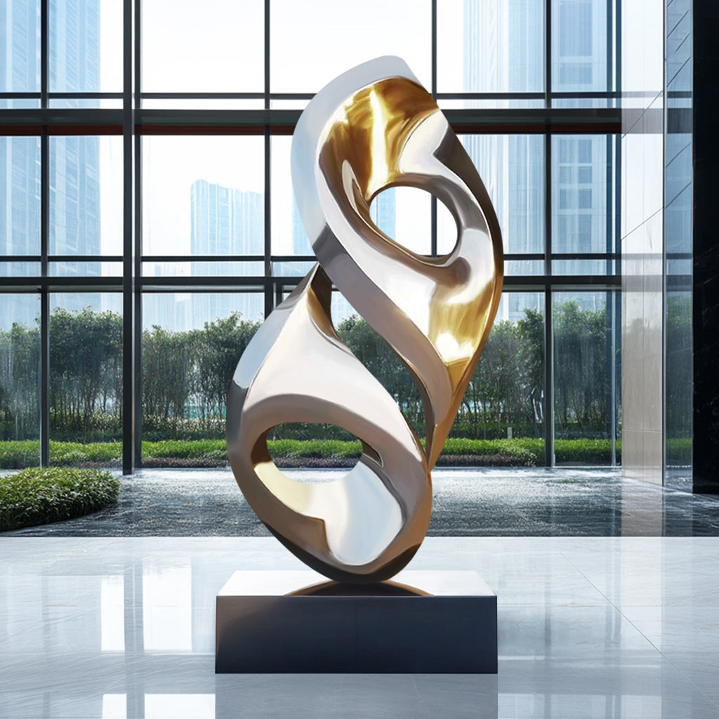 Custom Modern Abstract Polished Mirror Finish Stainless Steel Sculpture, display indoor lobby