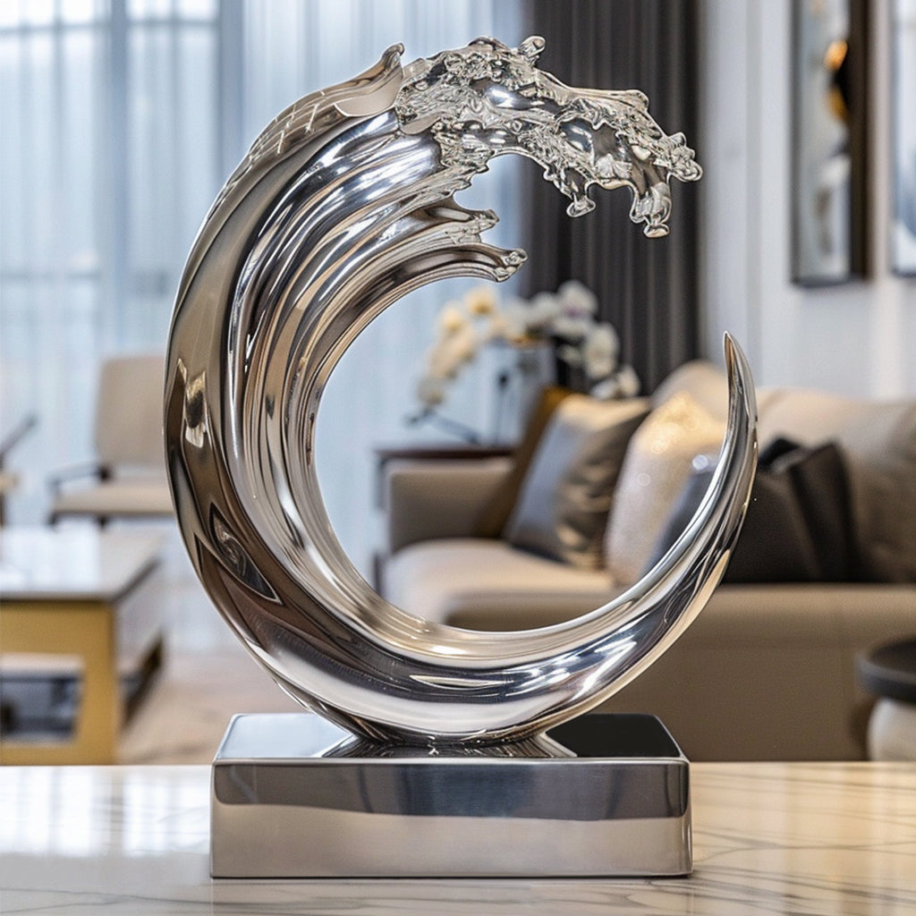 Custom Modern Stainless Steel Wave Sculpture with electroplated finish display on the desk