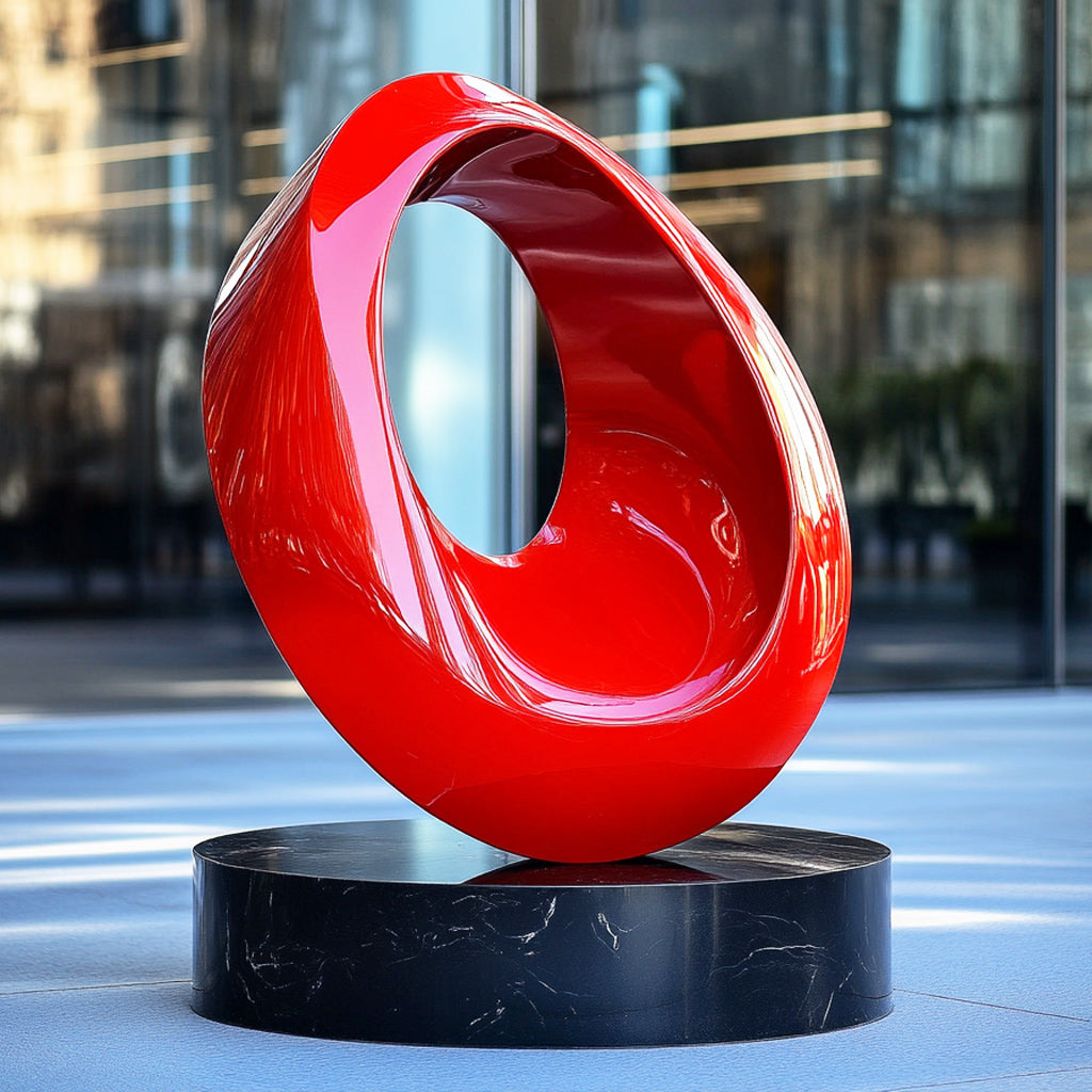 Red abstract stainless steel loop sculpture on a black marble base, with a high-gloss finish and contemporary design.