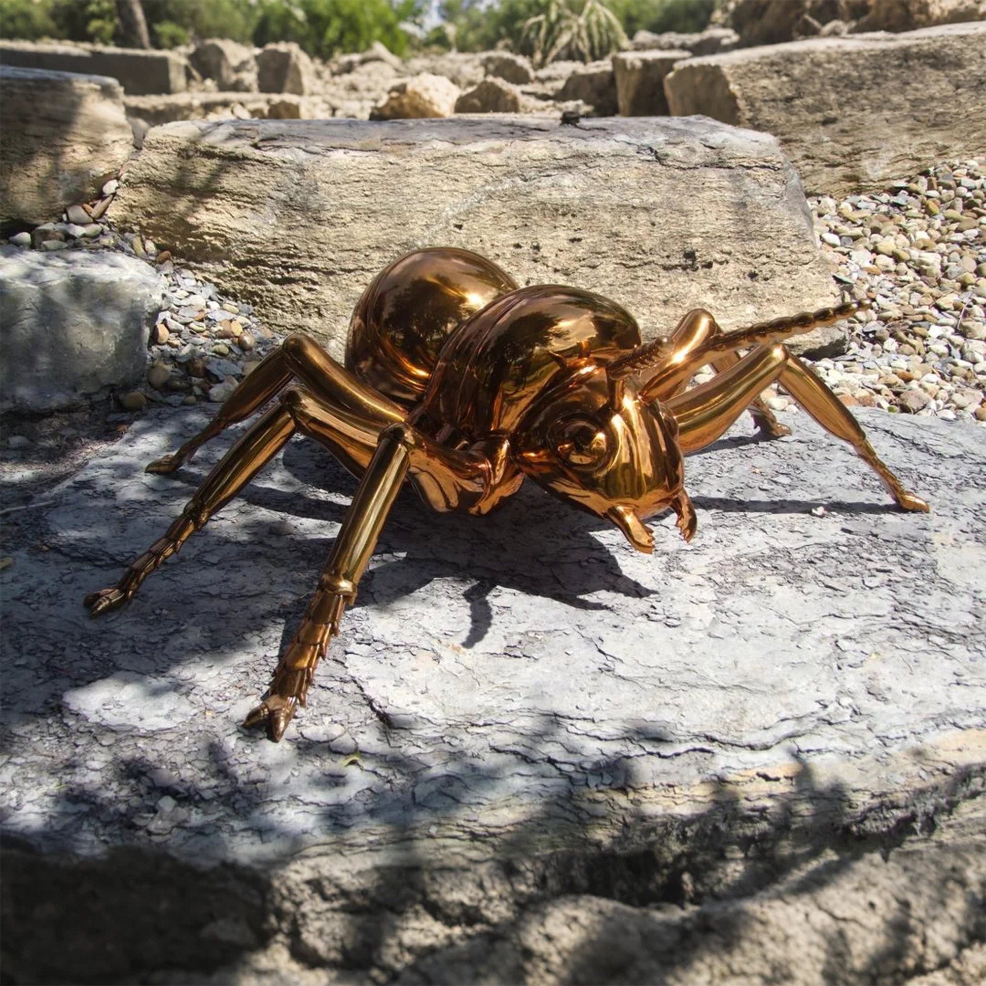 Bronze spider sculpture on a stone surface with natural background