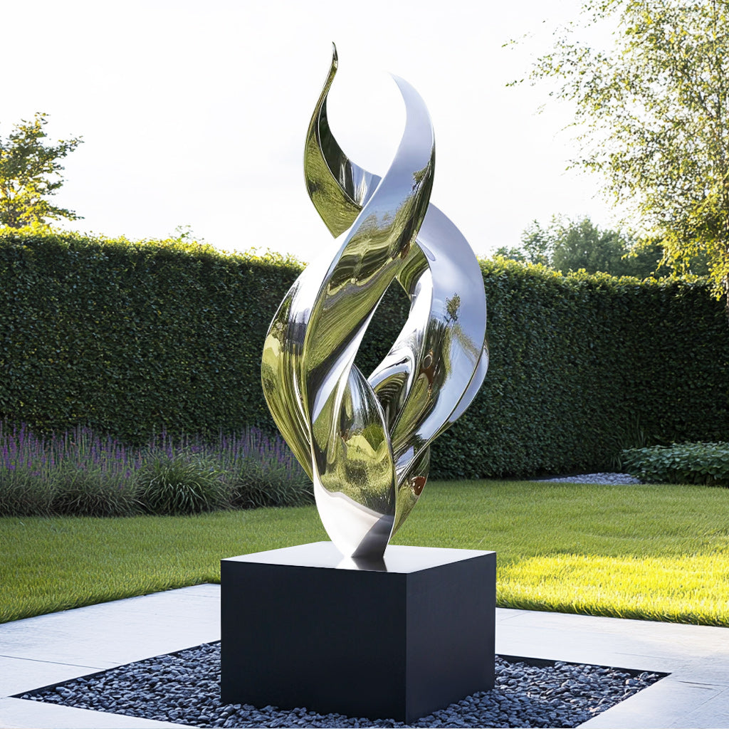 Custom Modern Stainless Steel Outdoor Abstract Spiral Sculpture with a polished mirror finish, ideal for outdoor gardens, corporate parks, and public spaces.