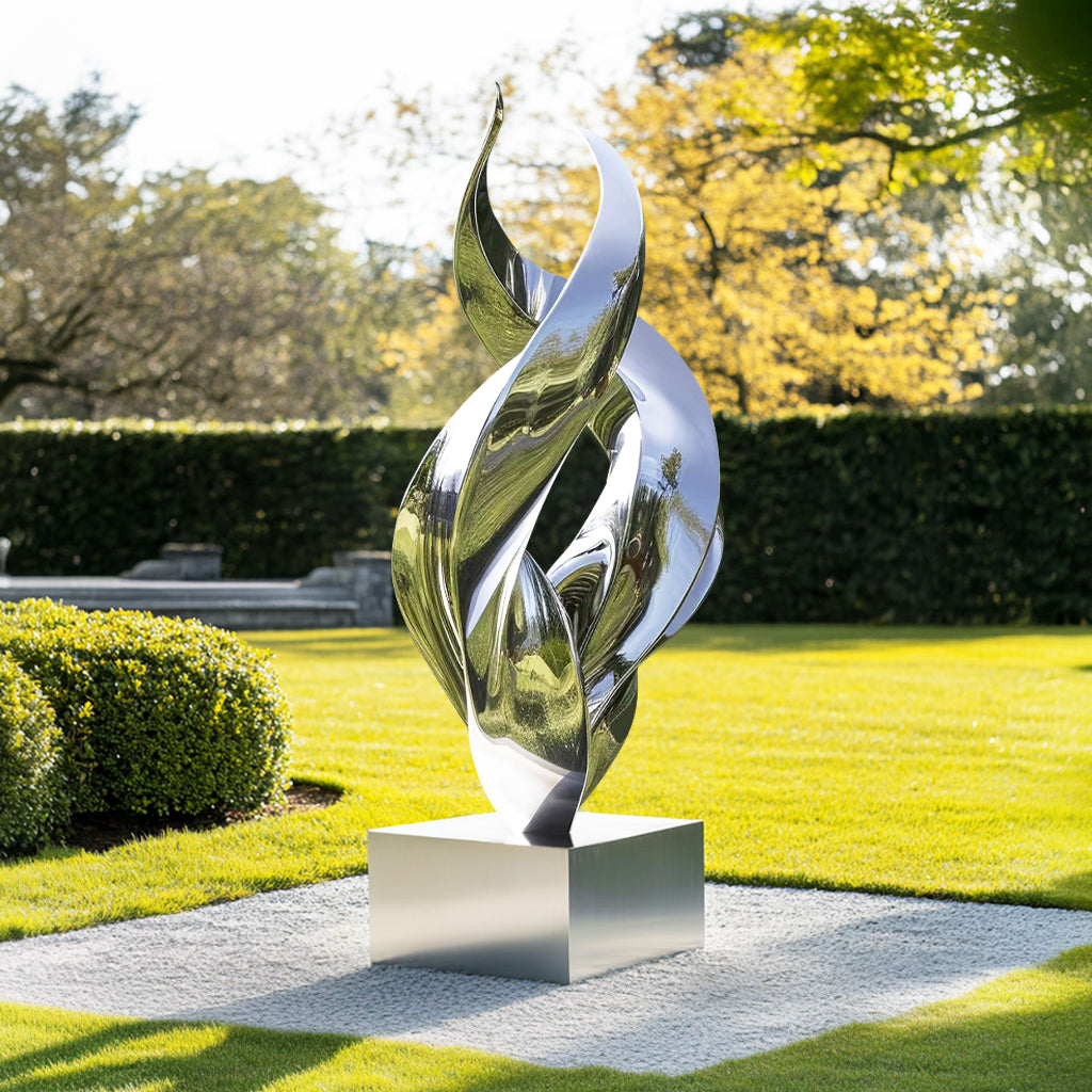 Custom Modern Stainless Steel Outdoor Abstract Spiral Sculpture with a polished mirror finish, ideal for outdoor gardens, corporate parks, and public spaces.