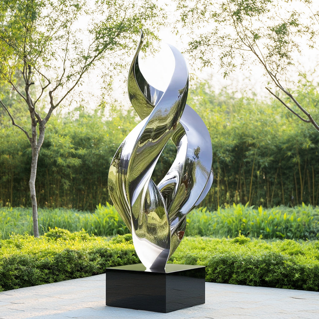 Custom Modern Stainless Steel Outdoor Abstract Spiral Sculpture with a polished mirror finish, ideal for outdoor gardens, corporate parks, and public spaces.