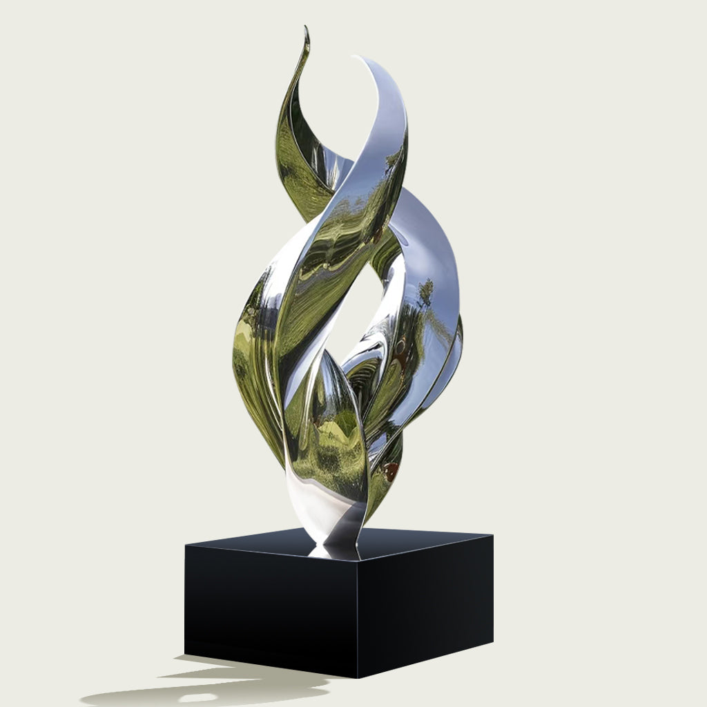 Custom Modern Stainless Steel Outdoor Abstract Spiral Sculpture with a polished mirror finish, ideal for outdoor gardens, corporate parks, and public spaces.