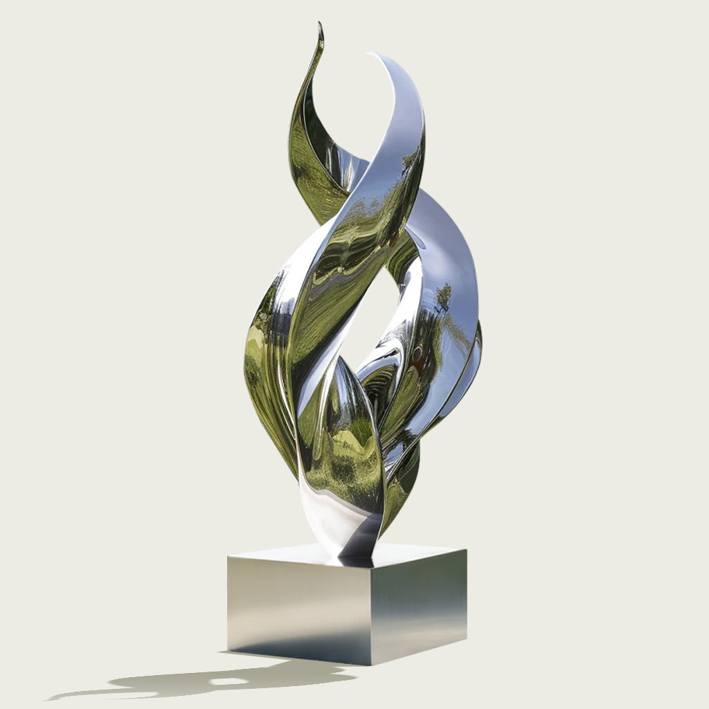Custom Modern Stainless Steel Outdoor Abstract Spiral Sculpture with a polished mirror finish