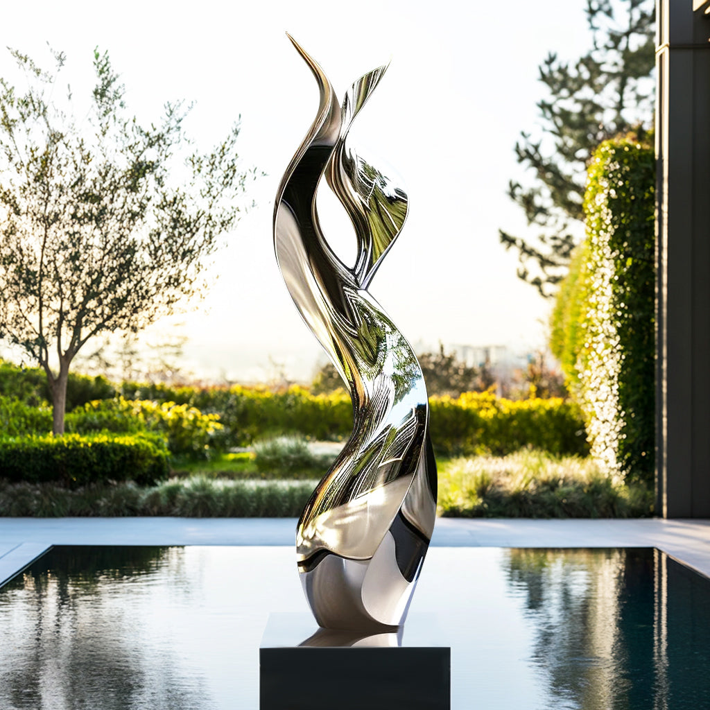 Custom Outdoor Modern Stainless Steel Abstract Mirror Finish Sculpture, ideal for luxury gardens, corporate parks, and public spaces