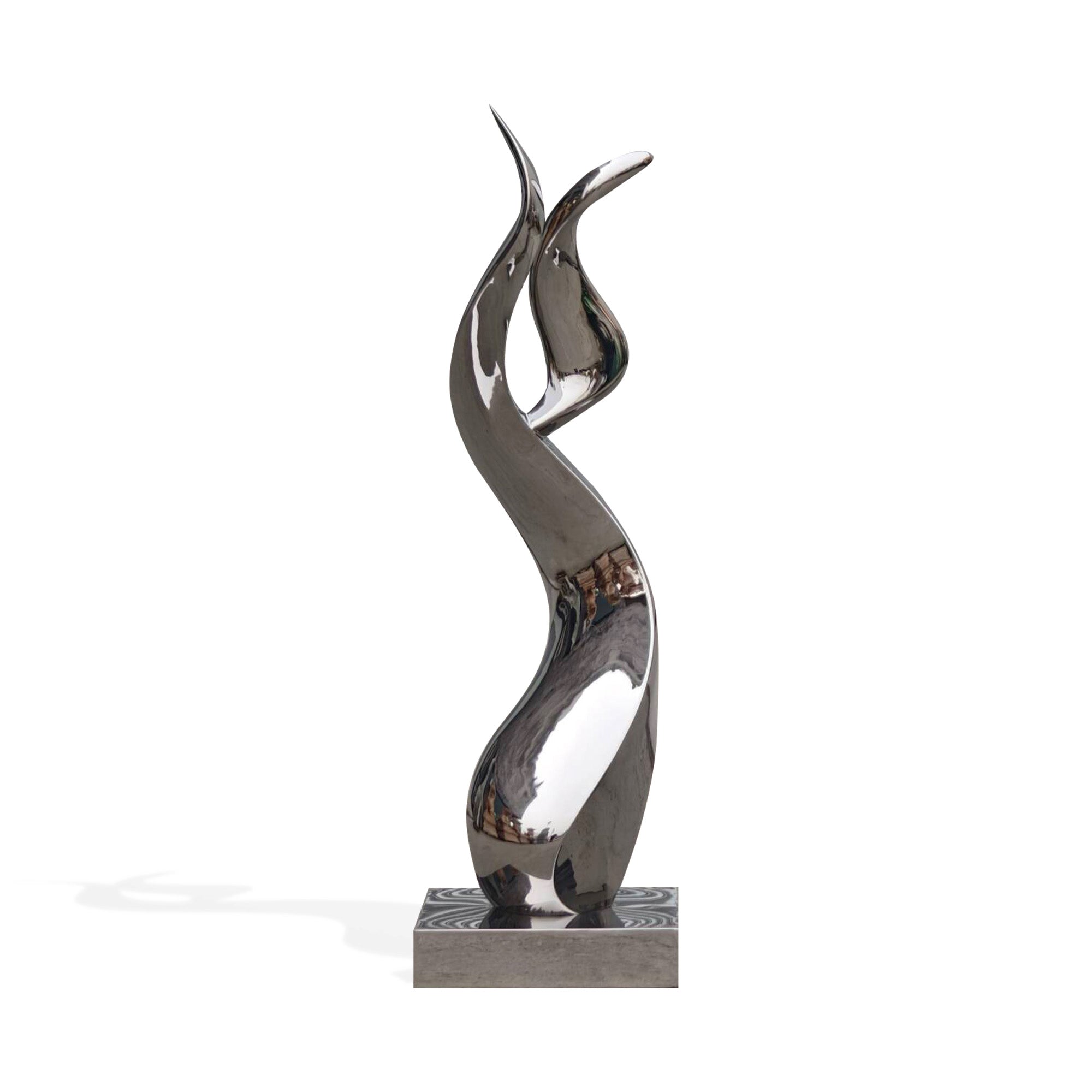 Custom outdoor modern stainless steel abstract sculpture with a polished mirror finish, viewed from the front showing the elegant curves and reflective surface