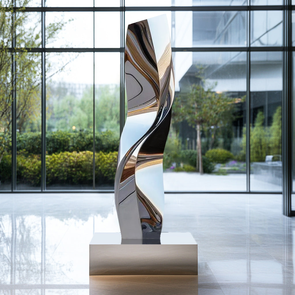 Customized Indoor Modern Stainless Steel Abstract Floor Sculpture with a polished mirror finish, ideal for luxury interiors, corporate offices, and galleries.